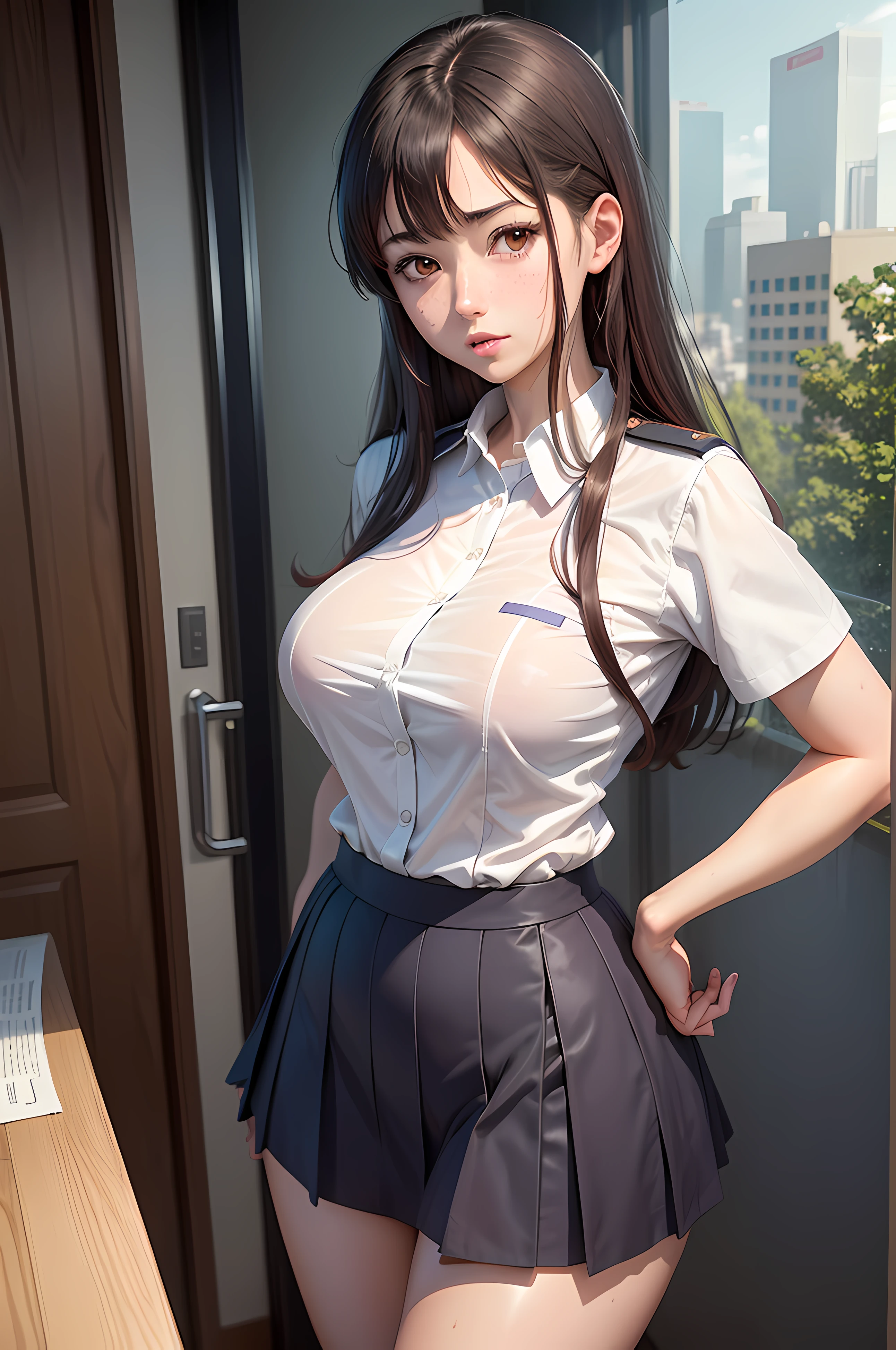 Anime girl in uniform talking on mobile phone, iwakura lain, nagatoro, magical school student uniform, Hinata Hyuga, visual novel cg, nishimiya shouko, anime moe art style, Smooth Anime CG Art, Rei Hiroe, shikamimi, yuyushiki, 4k highly detailed realistic ((full body including legs)) Photo of a beautiful 18-year-old Anglo-Saxon sweaty girl ((Sharp jawline)) and perky tits, Wearing wet clothes standing by the bedroom window、In a skyscraper with white walls、In a wet sports bra with a deep neckline