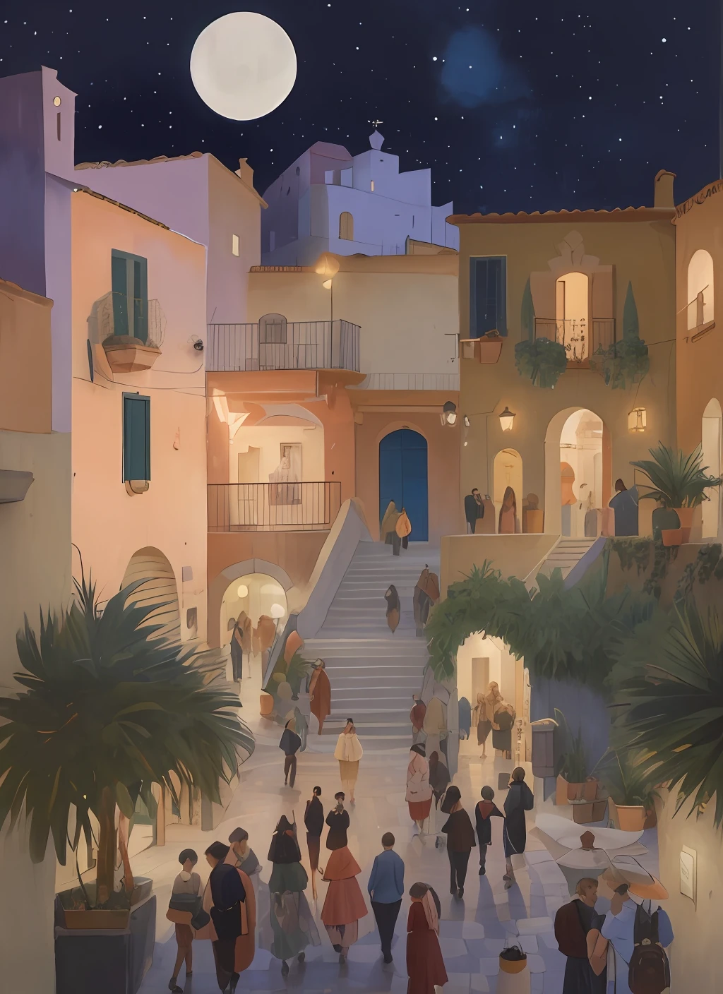 There are many people walking through a city at night, cidade santa | illustration, cena noturna, cena noturna, cena noturna, Directed by: Alberto Morrocco, people at night, Directed by: Marcello Bacciarelli, inspirado por Carl Spitzweg, ancient mediterranean village, Directed by: Francesco Raibolini, Mediterranean town, Vida noturna, madrugada, Directed by: Francesco Furini, in the nighttime