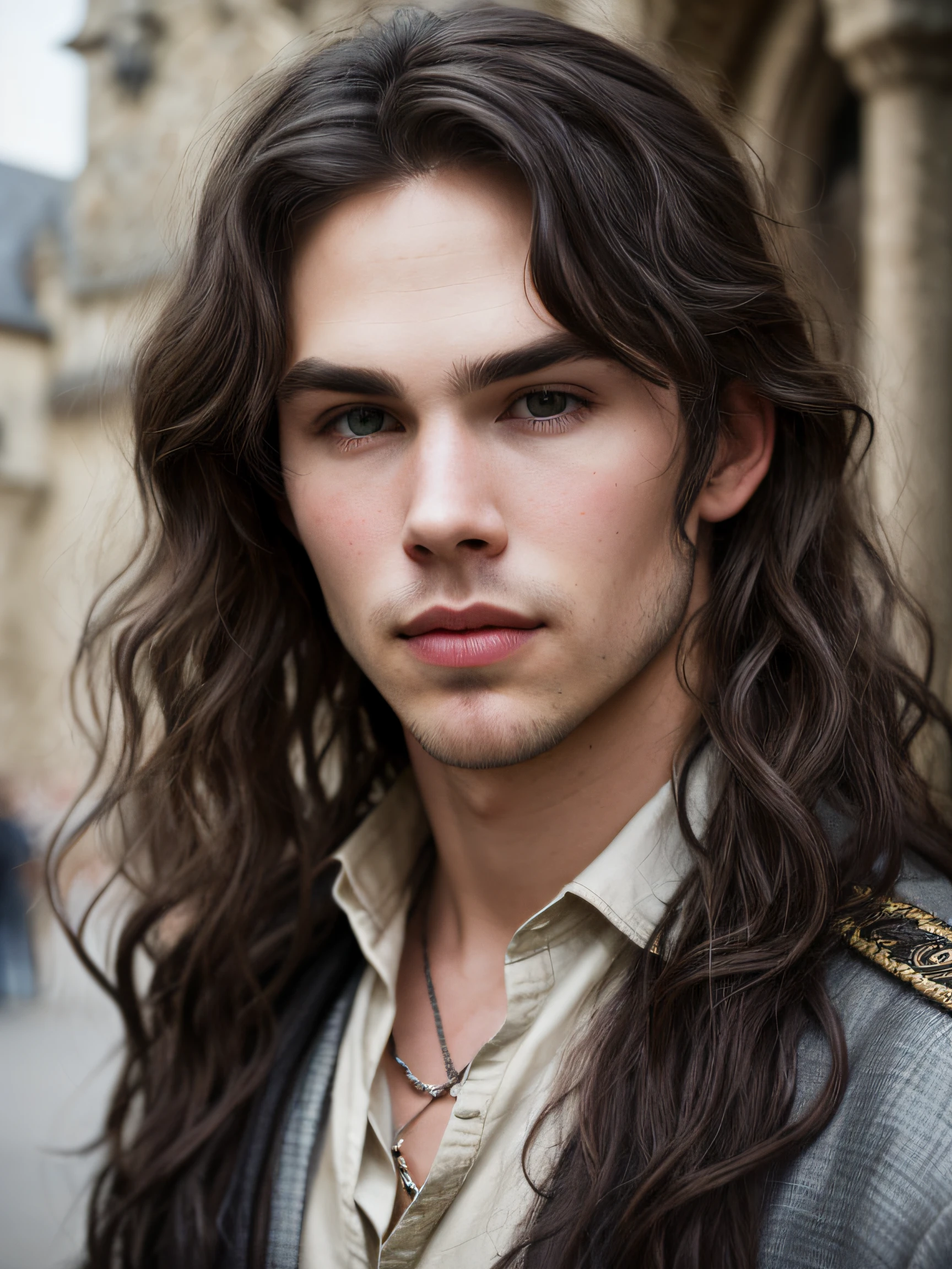 A (portrait photography: 1.2) close up portrait of a mix between Austin Butler and Ian Somerhalder as a charming 22 years old medieval fantasy male, pale skin, very long wavy shabby black hair parted in the middle, incredible grey eyes, long arched eyebrows, short beard, fantasy clothes, intense look, fascinating, slim and athletic, young, in a big medieval fantasy city, overcast, cinematic lighting, Canon EOS 5D Mark IV