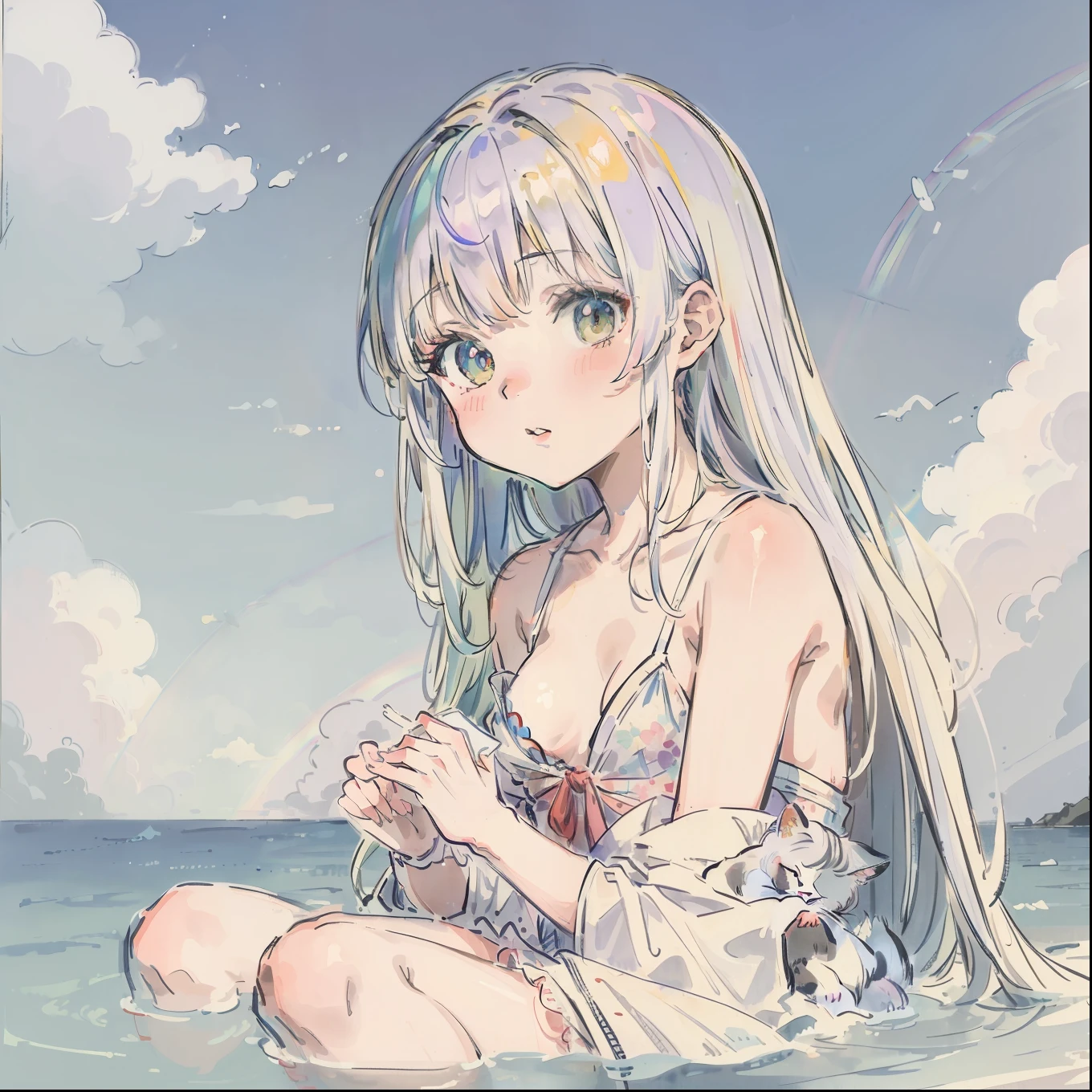 (Best quality1.2、masutepiece)、Yumekawa、A stunning、Take a cute cat、kawaii、White hair(rainbow-colored hair)、swim wears