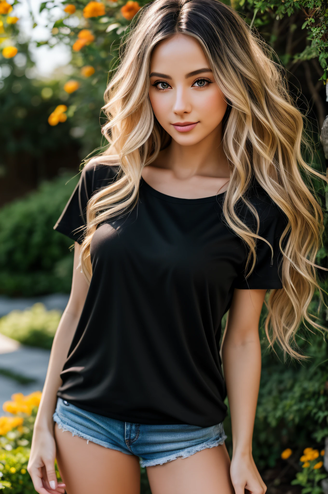 gorgeous woman with long wavy blonde hair, detailed alluring eyes, long sexy legs, (plain black t-shirt) covering a wearing tiny jeans shorts, full body, ((detailed facial features)), (finely detailed skin), pale skin, realistic skin texture, extreme skin details, (pores:0.1), in the background beautiful natural garden, best quality masterpiece, photorealistic, hyperrealistic, detailed, 8k, HDR, (Soft color: 1.2), shallow depth of field, broad light, high contrast, backlighting, bloom, light sparkles, chromatic aberration, sharp focus, RAW color photo