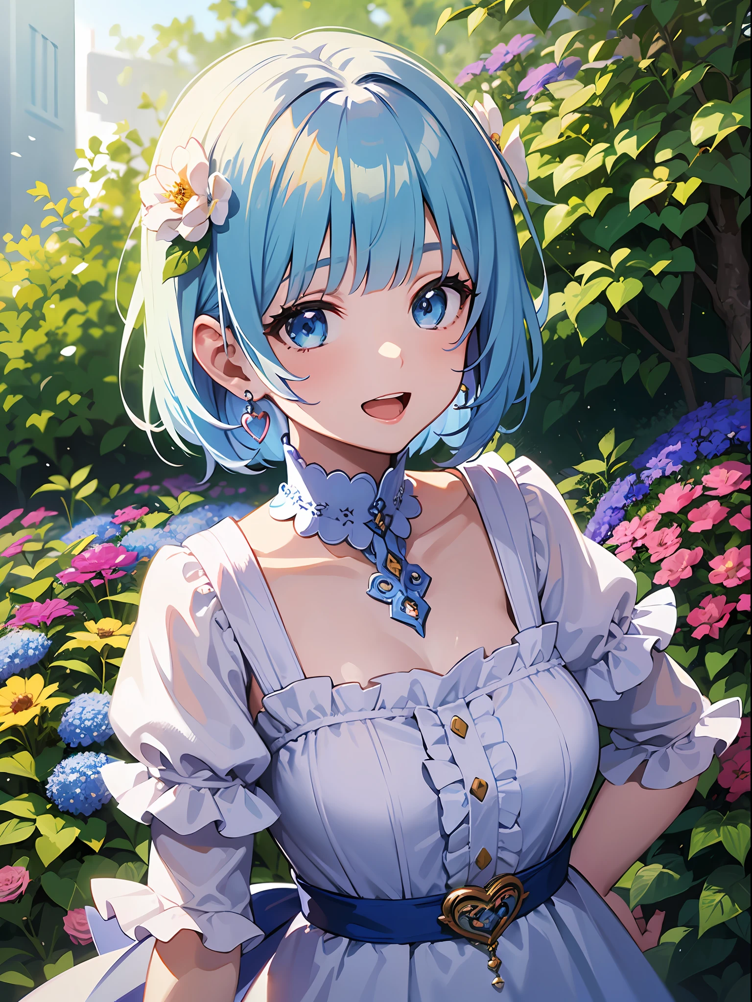 (masterpiece:1.3), (best quality:1.3), high resolution,
overlook view, couboy shot,
leaning forward, body facing forward,
(one cute girl:1.3), solo,
white skin, small Breast, eight-headed person,
light blue hair, (bobbed hair:1.2), (short hair:1.1), (blunt bangs:1.2), beautiful hair, blue eyes, beautiful detailed eyes,
open mouth, heart, cheerful smile,
frilled dress, white and blue clothes, earrings,
flower garden, natural park,
shadowlighting,