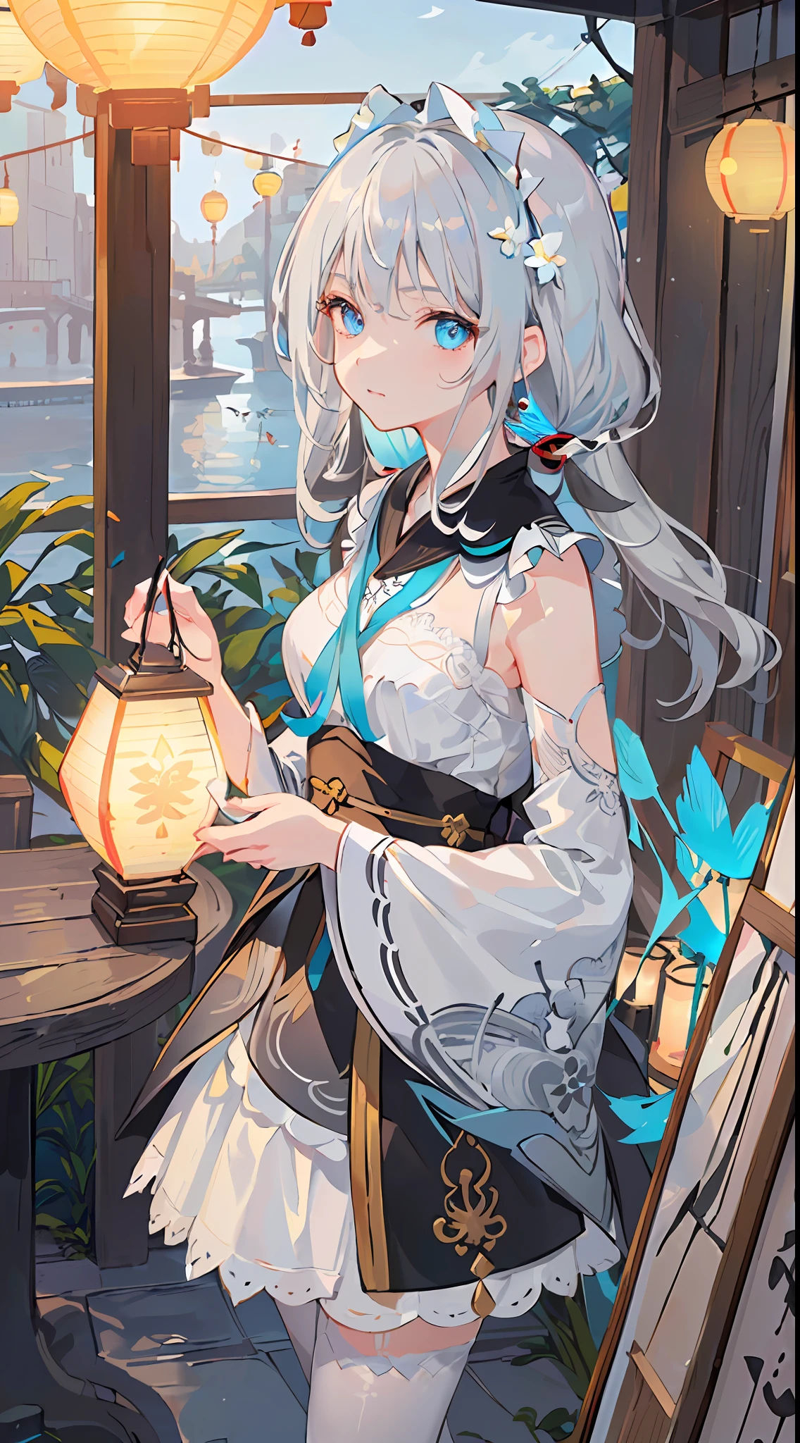 ((masterpiece:1.4, best quality)(Beautiful eyes with fine and meticulous details: 1.2), extremaly detailed cg,Gray hair and turquoise eyes,tide,darkly,nigth,paper lanterns ,Kizi,reef,Close-up,Lateral face,White panty hose