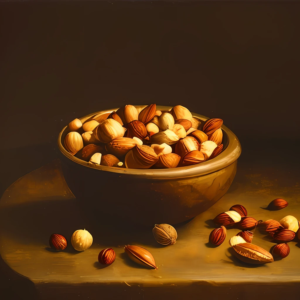 there is a bowl of nuts on a table with a brown background, inspired by Pieter Claesz, mixed art, by Gerard Seghers, by Artur Tarnowski, old masters light composition, by Pieter Claesz, inspired by Bartholomeus van der Helst, renaissance still life painting, inspired by Albert Anker, by David Garner