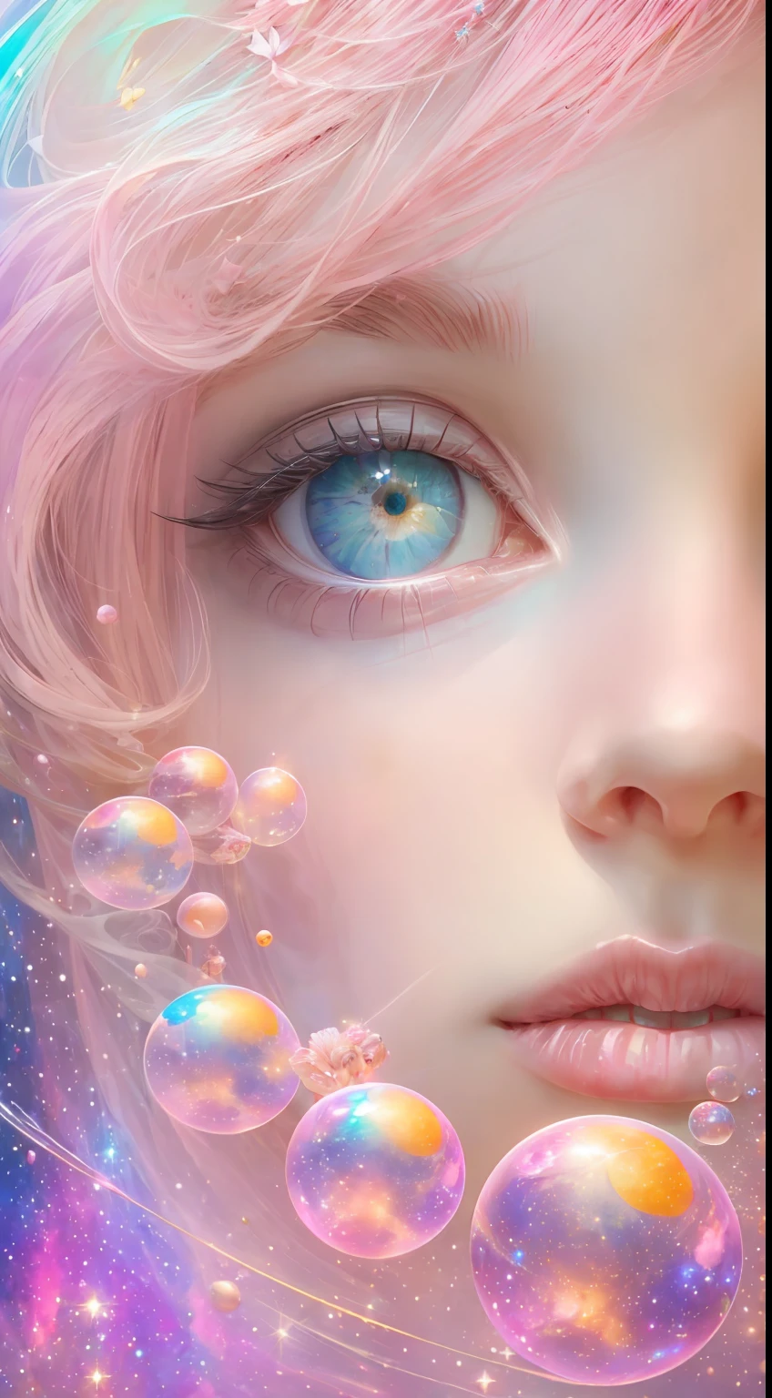 ((masterpiece)), best qualified, pink, a delicate fairy petite woman exploring a bubble gum world, light and space, a wide variety of pastel shades, All in high definition and detail, such as stars, galaxies, colorful petals, a lot of energy and emotion! With a detailed face and beautiful eyes!"