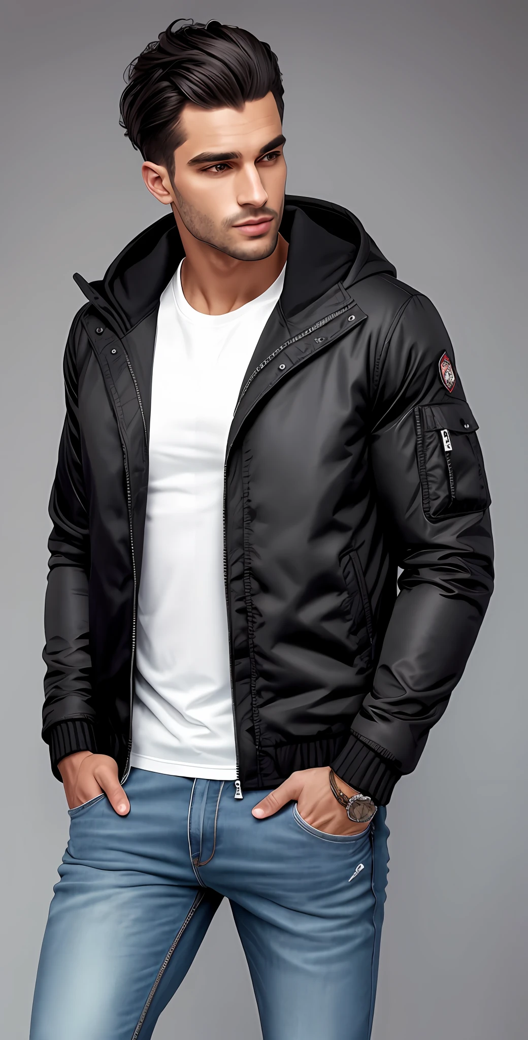 A man in a black jacket and jeans standing with his hands in his pockets, um homem vestindo uma jaqueta preta, wearing jeans and a black hoodie, : 5 estilosos, roupas pretas robustas, Jacket cap, vestindo uma jaqueta preta extravagante, Jaqueta Moncler, wearing jacket, suit jacket, future inflatable jacket, em um moletom preto, Black jacket, vestindo uma jaqueta preta