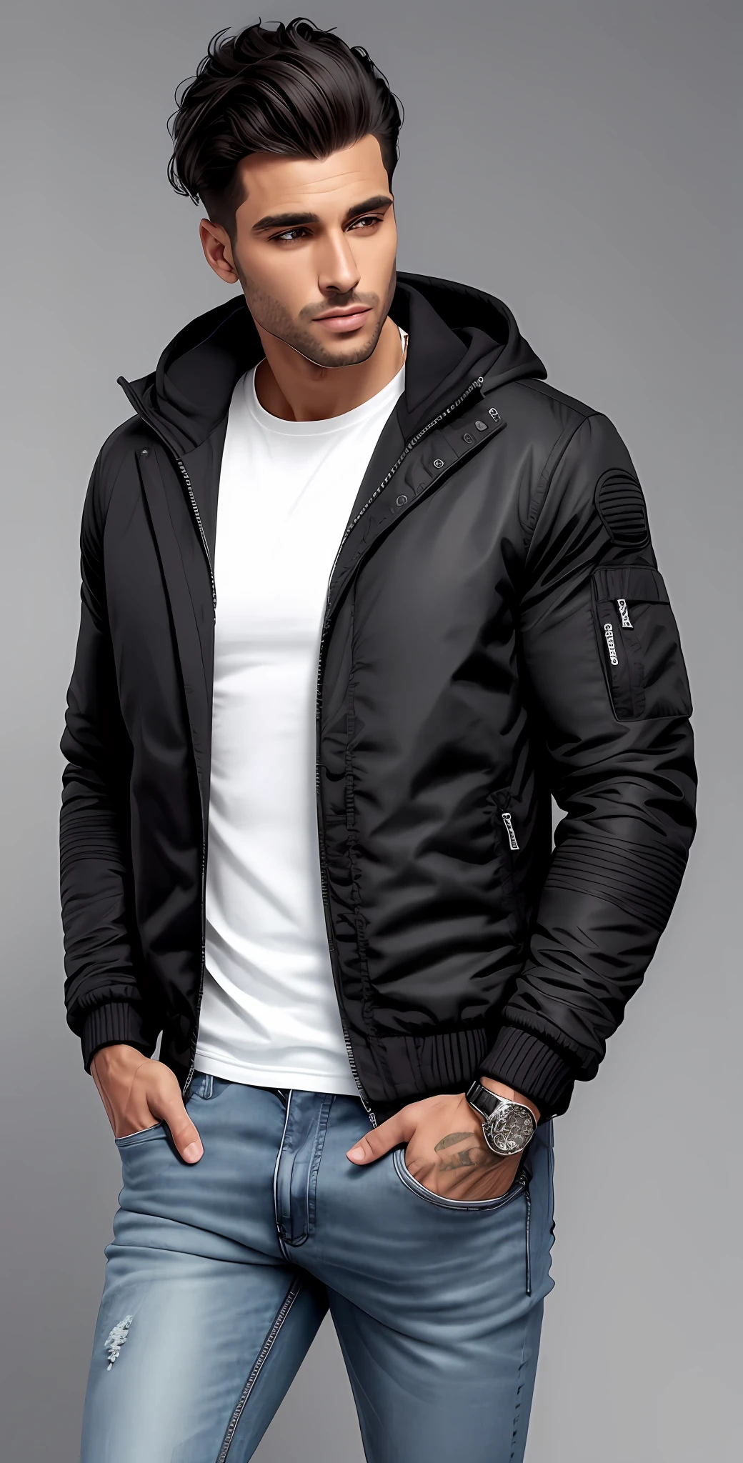 A man in a black jacket and jeans standing with his hands in his pockets, um homem vestindo uma jaqueta preta, wearing jeans and a black hoodie, : 5 estilosos, roupas pretas robustas, Jacket cap, vestindo uma jaqueta preta extravagante, Jaqueta Moncler, wearing jacket, suit jacket, future inflatable jacket, em um moletom preto, Black jacket, vestindo uma jaqueta preta