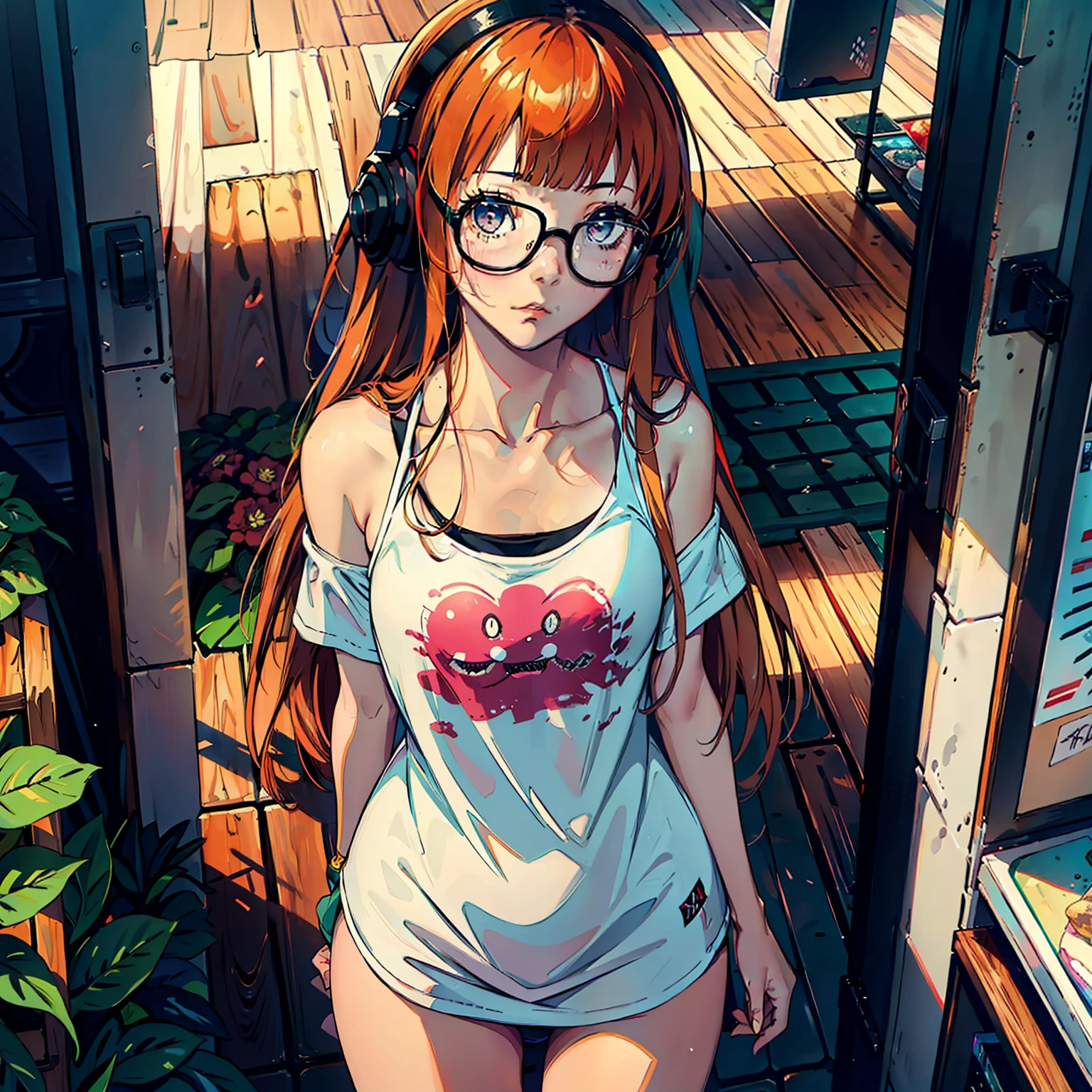 hiper qualidade, hiper detalhado, desenho perfeito, solo, Futaba, Futaba sakura, persona 5, blush, pernas abertas (30cm), Embarrassed expression, moist eyes, pijama  de tecido fino, no quarto, luz da frente, luz para frente, luz solar, clearface, obra-prima, hiper qualidade, hiper detalhado, CG, 3D, 8k,