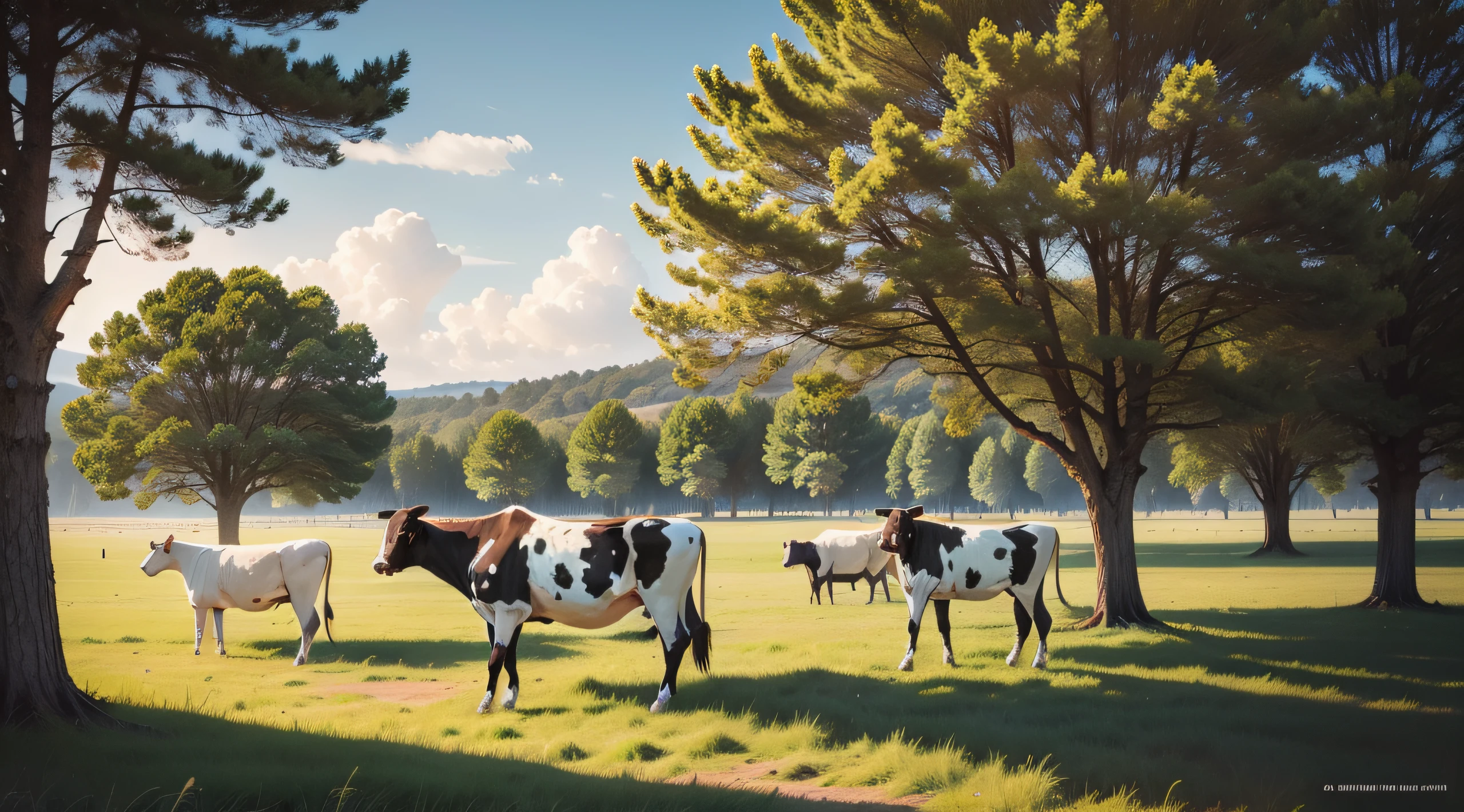 Make a digital art of some cows in a field with trees