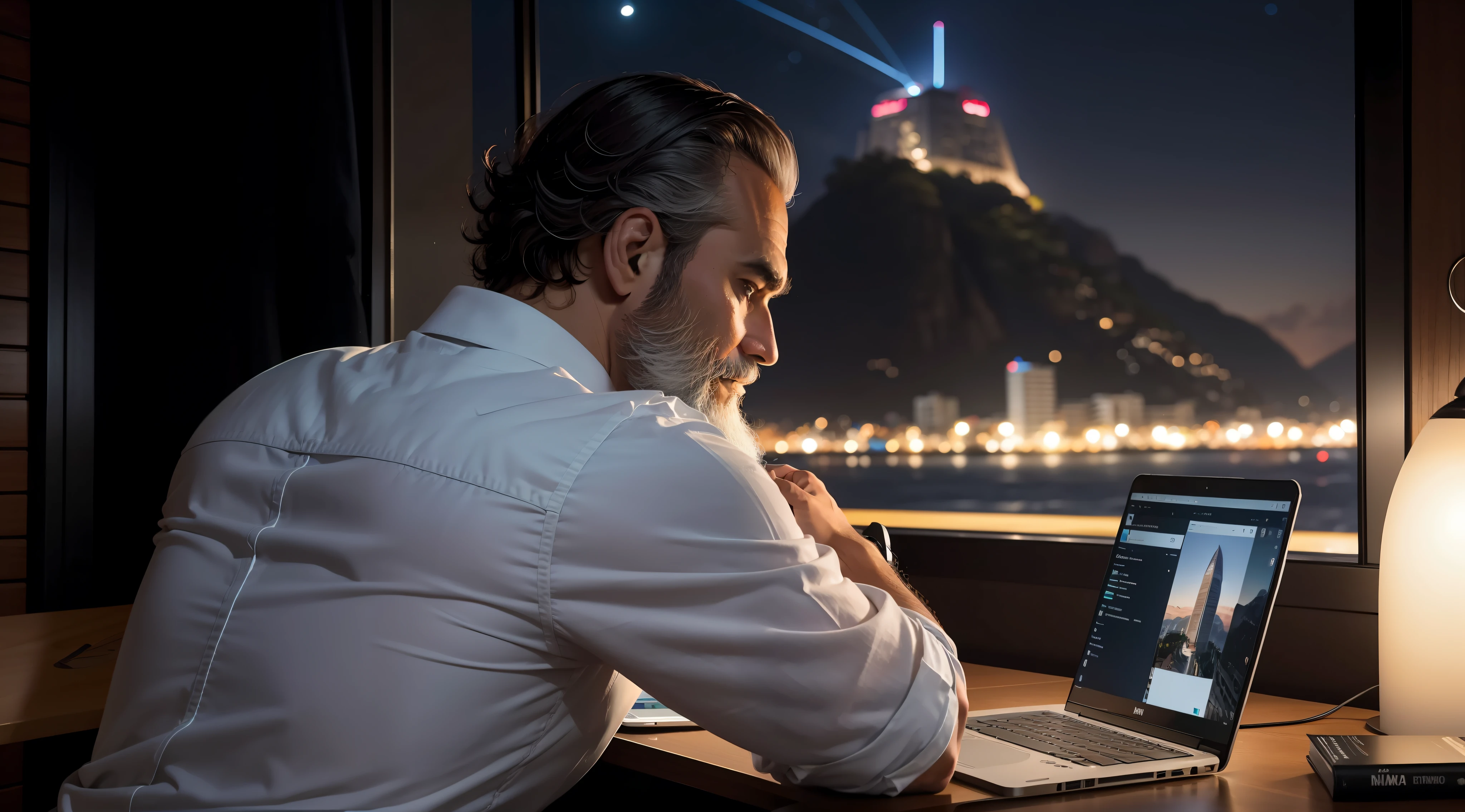 homem velho, cabelos e barba brancos, lendo um e-mail no seu notebook, sentado na varanda de sua casa, In the background as the Sugar Loaf, rio de janeiro, Noite escura, contemporary style, Rear view, maximum detailed, alta qualidade