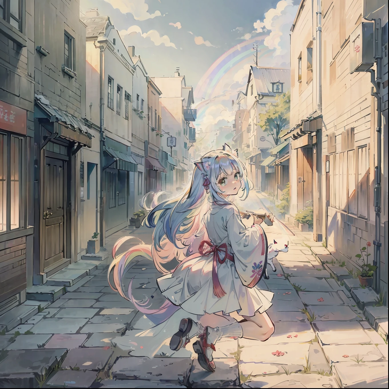 (Best quality1.2、masutepiece)、Yumekawa、A stunning、Take a cute cat、kawaii、White hair(rainbow-colored hair)、backstreet