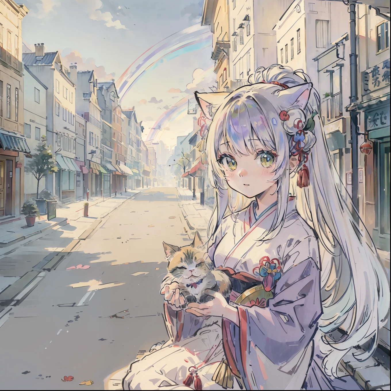(Best quality1.2、masutepiece)、Yumekawa、A stunning、Take a cute cat、kawaii、White hair(rainbow-colored hair)、Main street