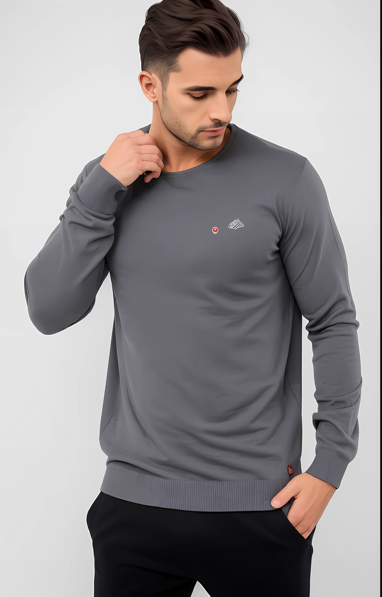 A man in a gray nightgown and black pants standing, camisola cinzenta, vestindo moletom, capuz cinza, capuz cinza, vestindo um moletom cinza com capuz, manga comprida, roupas cinzas, wearing a dark sweater, sweater, wearing casual sweater, cinza escuro, camisa cinza, em cinza gunmetal, mangas compridas, roupas casuais, Capuz, Studio Dark Grey Background, gola alta