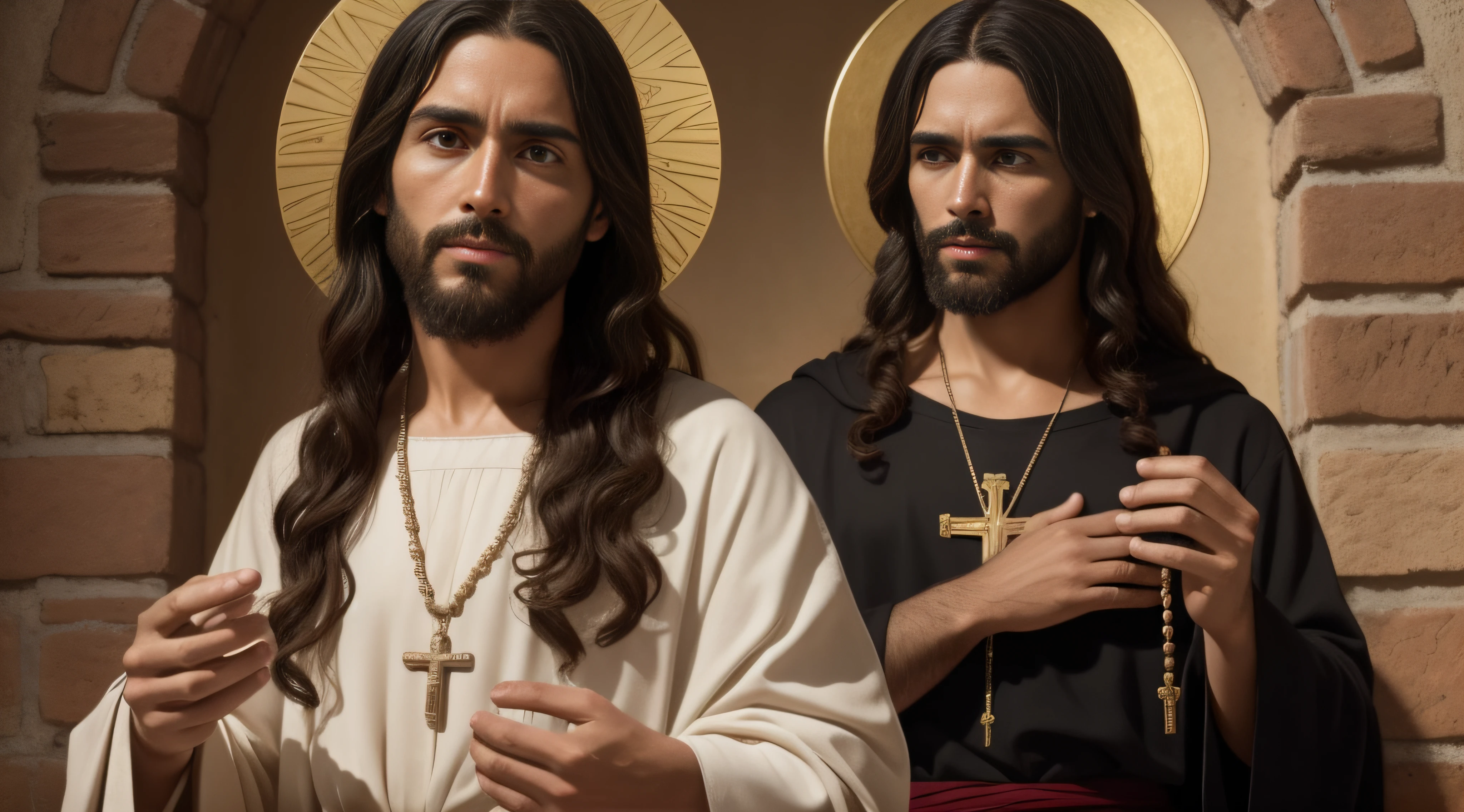 Jesus Christ with a rosary in his hand, rezando, dramatic, realista, detalhado