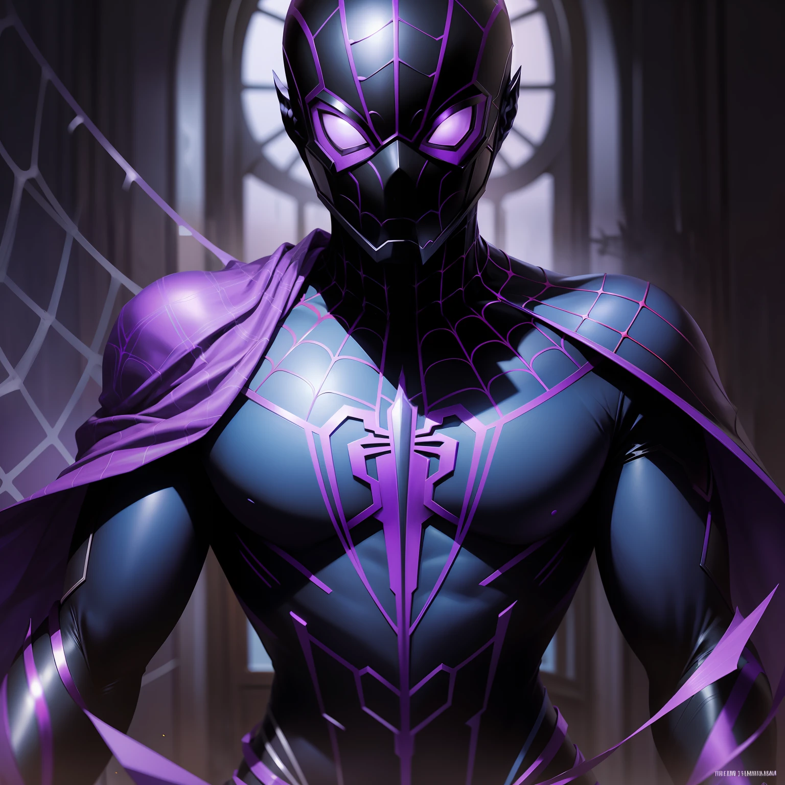 1 homem, Homem-Aranha,technological, with blue technological webs, with purple and black mask, com traje de cor roxo e preto, scenecy(fundo) Cidade futurista.