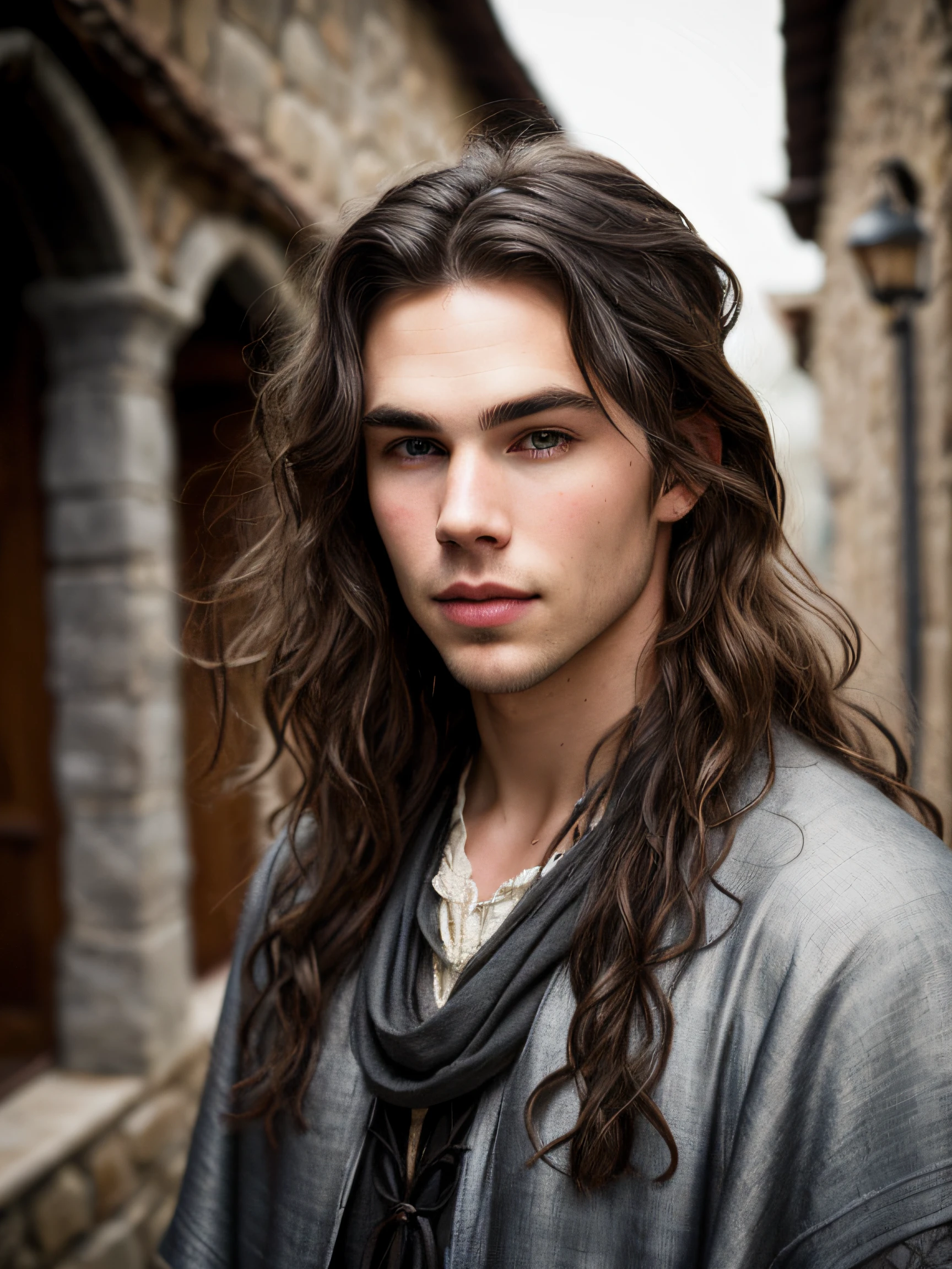 A (portrait photography: 1.2) close up portrait of a mix between Austin Butler and Ian Somerhalder as a charming 22 years old medieval fantasy male, pale skin, very long wavy shabby black hair parted in the middle, incredible grey eyes, long arched eyebrows, short beard, fantasy clothes, intense look, fascinating, slim and athletic, young, in a big medieval fantasy city, overcast, cinematic lighting, Canon EOS 5D Mark IV