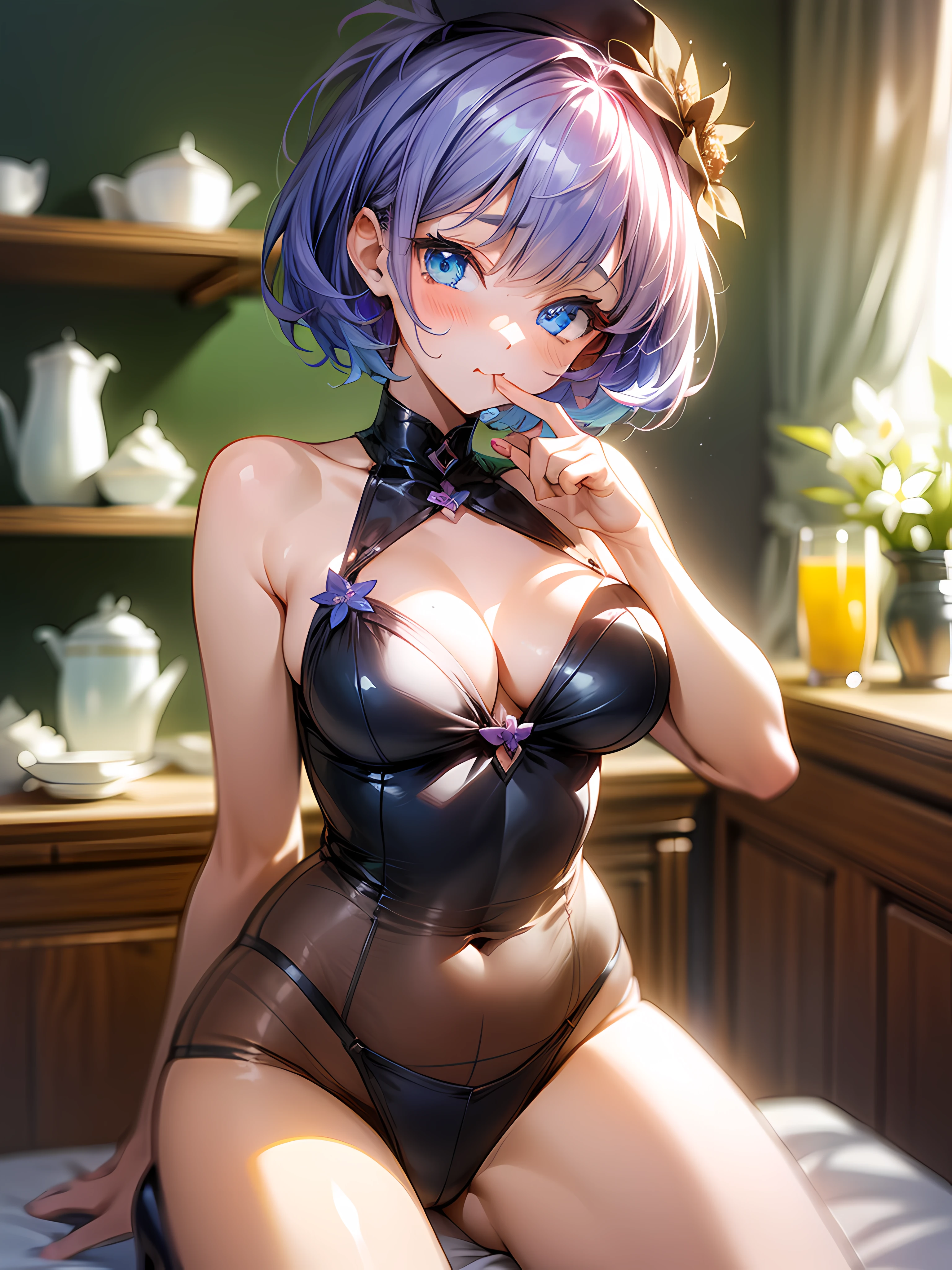 1 girl, messy_meny cakes_background, violet_short_hair, 👠,medium_breast, ((fantastic)), cute, whipped cream on the mouth, fantastic_in a room,niji style ,flower, covering, beautiful_blue_eyes