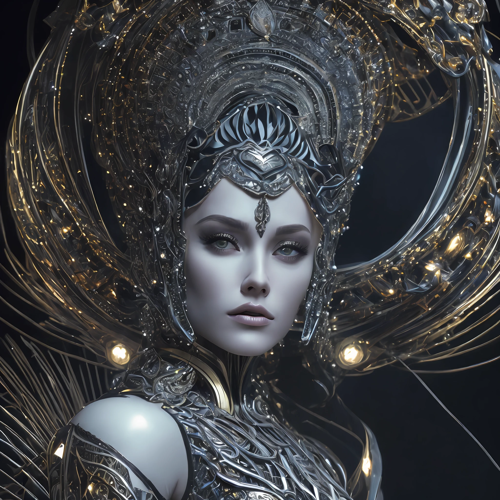photore，sportrait，Complex 3D rendering of beautiful and charming biomechanical female robot，Has a porcelain finish、simulating、Beautiful natural light、rim-light、150mm lens、an aztec warrior、feater、nipple piercing、Aztec tattoo、flor branca、Vanilla leaves and stems、Meandering roots、white blossoms、Fine-leaved lace、steampunc、Silver-gold filigree detailing、alexander mcqueen haute couture、Pearl earrings、Art Nouveau embroidery、Hexagonal network cable、Mandelbro fractal、face muscles、cable wires、micro Chip、ellegance、Beautiful natural light，Studio lights，rim-light，The is very detailed，ultra-realistic realism，Sharp，rendering by octane,HR Giger style，Volumetriclighting，8 k post production，God floating on fire[The discovery of the wormhole leads to the cursed Prince of the New World having to marry the Void]，[sci-fy：fanciful：0.6J movie lighting，detailedbackground，at centre，Michael Bay style，insane detailed，k hd，concept-art，number art，with dynamism，，（The most beautiful art in the world：1.2）
(Void 3 energy：1.3)