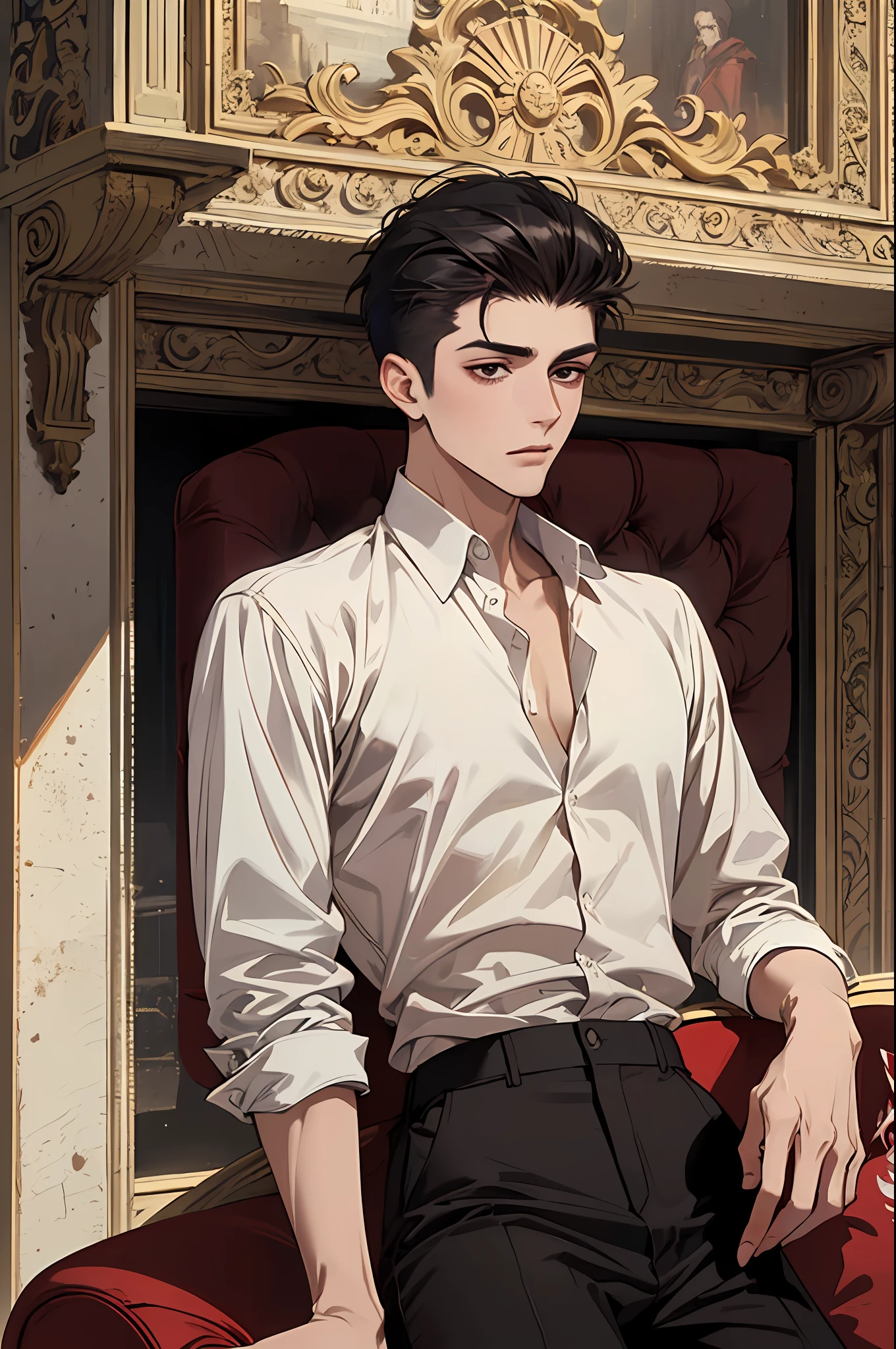 (1 person)((mtu :1.2))((Mysterious man)), (Sit on a red leather sofa), Sven style，A man like Yang Jian，(((Hair combed back，The hair on both sides is combed back，damp hair，extremely short hair)))， The best ratio of four fingers to one thumb, (Holding a complete and perfect wine glass in his hand)，((white  shirt)),Black eyes, fantasy, Dark fantasy, Perfect hand, fantasy, romatic, Kravyod, (Architecture of the Baroque period), In the classic bar, Best light and shadow