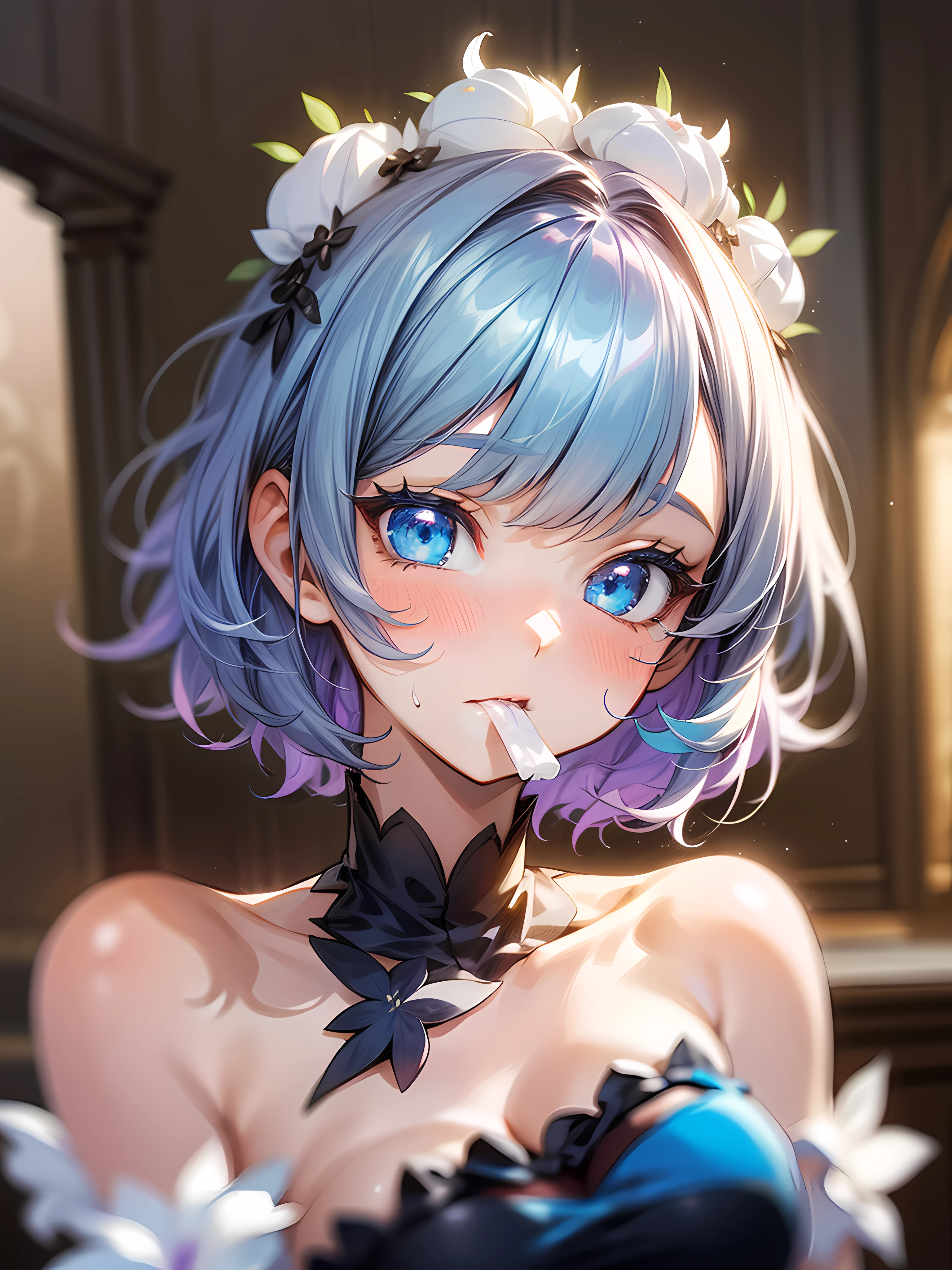 1 girl, messy_meny cakes_background, violet_short_hair, 👠,medium_breast, ((fantastic)), cute, whipped cream on the mouth, fantastic_in a room,niji style ,flower, covering, beautiful_blue_eyes