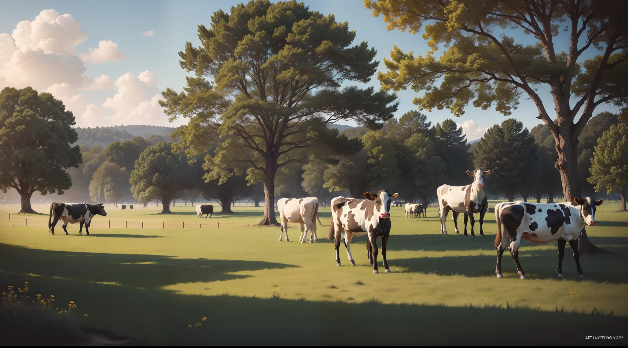Make a digital art of some very detailed cows, in a field with trees