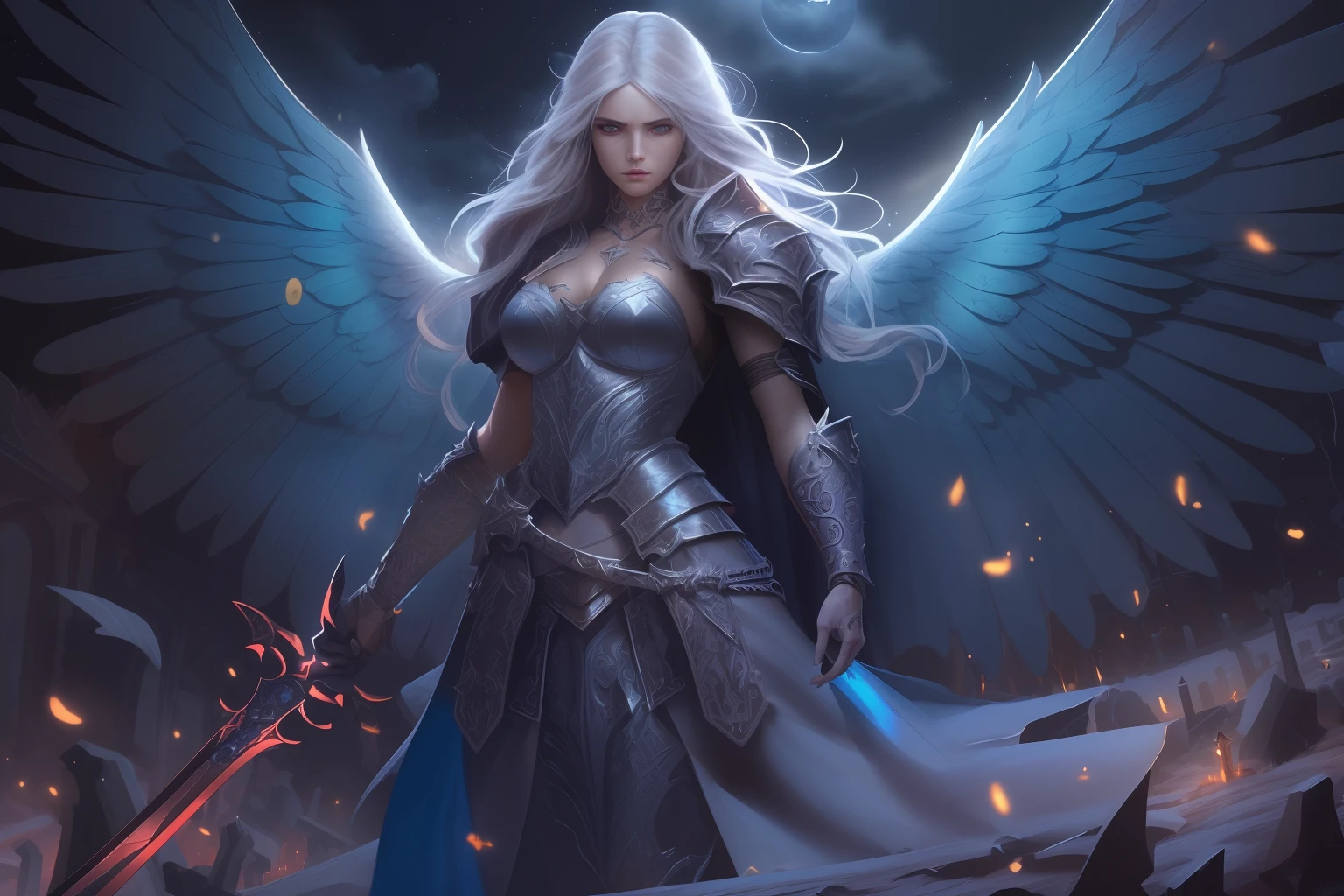 Fine, (Best Illustration), 8k Resolution, Intricate Details, Best Quality, Realistic, Ultra Detailed, Best Lighting, Best Shadows, Ultra HD, epic exquisite character art, amazing character art, dark fantasy art, gothic art, RPG art, a picture of a battle female aasimar paladin in a dark cemetery, most beautiful female aasimar, (intense details, Masterpiece, best details: 1.5), metallic hair, long hair (intense details, Masterpiece, best details: 1.5), braided hair, dynamic eyes, intense eyes (intense details, Masterpiece, best details: 1.5), wearing heavy metal armor, armed with sword, magical sword, swords sheds blue light (intense details, Masterpiece, best details: 1.6) holy symbol, holy symbol shines with blue magic, angelic wings, large angelic wings, spread angelic wings (intense details, Masterpiece, best details: 1.5), fantasy cemetery, undead rising from graves (intense details, Masterpiece, best details: 1.5), sense of dread, sense of fear, moon light, stars light, moon, stars, clouds, sense of danger