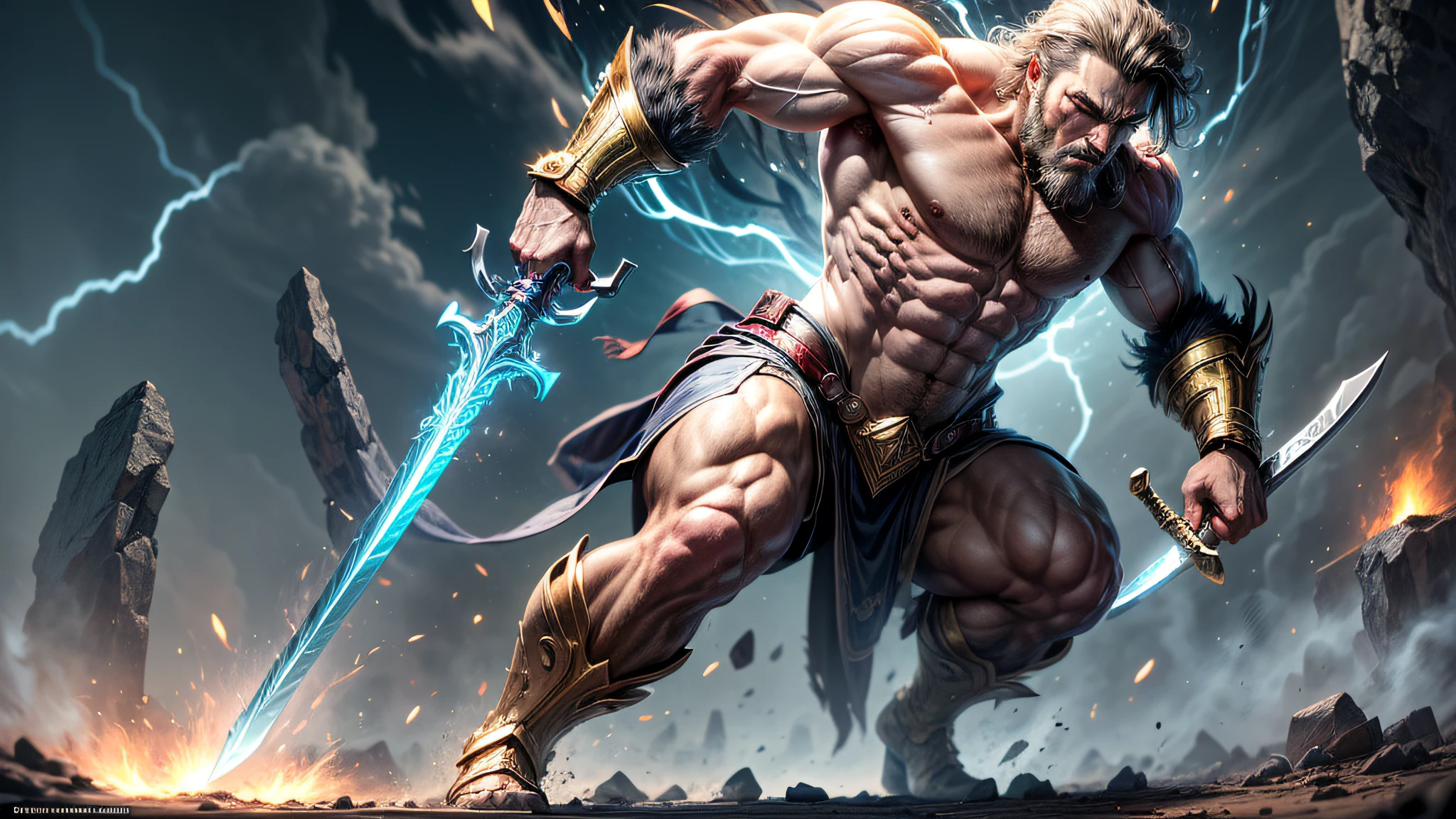 (masterpiece),(high quality), (((1man)), extremely strong, muscular, bearded, Asgardian warrior) wielding a great sword Bastard Sword style a mythological object of great power, very large all carved with mythical runes displaying a condensed glow in its magically detailed writing in gold and silver with a neon glow intricate to the details, tron circuitry smeared on her with intense glow, displaying absurd power shards and vapors flying around her like a whirlpool, absolute power emanating from her, (focus on the sword)