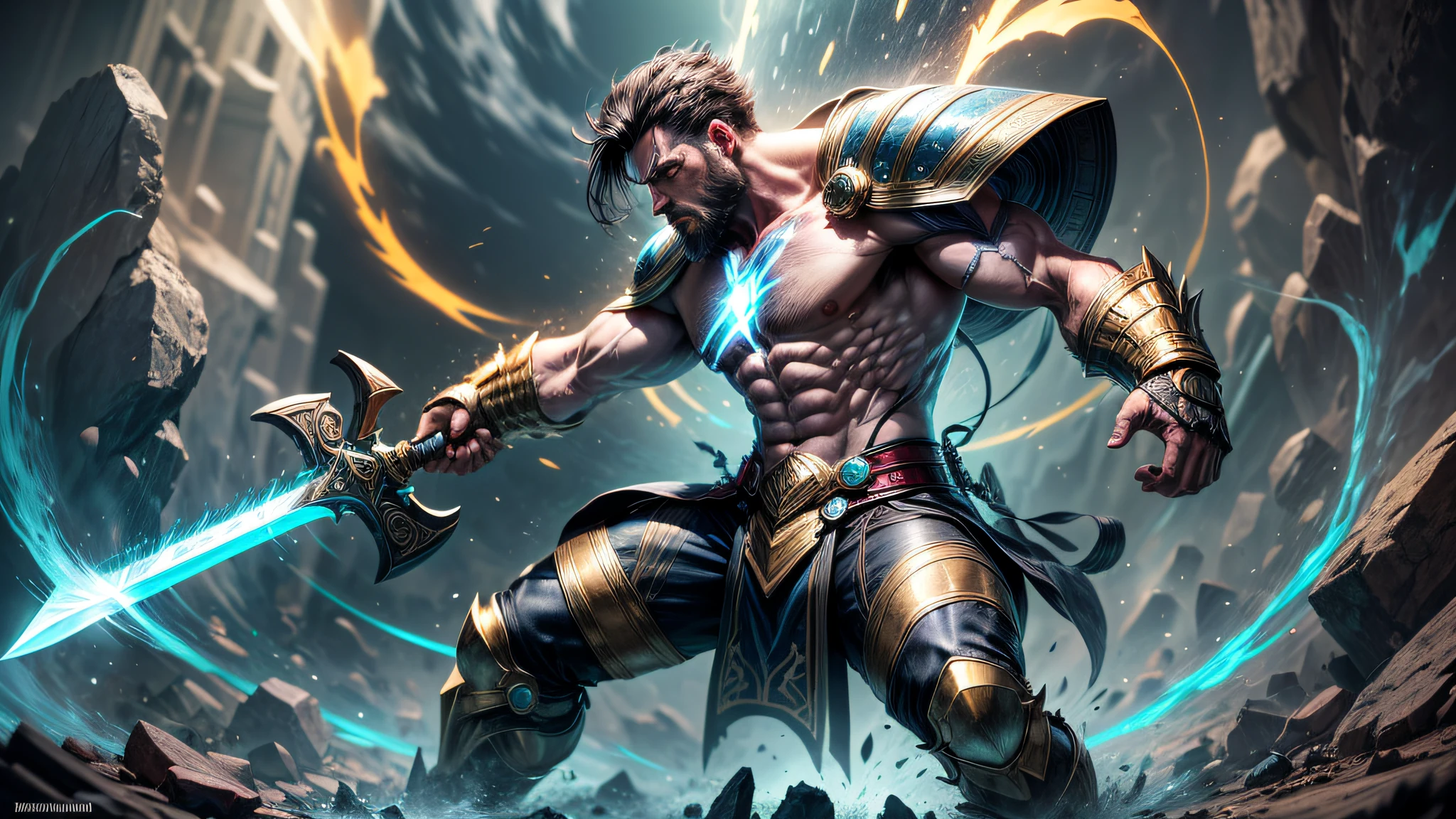 (masterpiece),(high quality), (((1man)), extremely strong, muscular, bearded, Asgardian warrior) wielding a great sword Bastard Sword style a mythological object of great power, very large all carved with mythical runes displaying a condensed glow in its magically detailed writing in gold and silver with a neon glow intricate to the details, tron circuitry smeared on her with intense glow, displaying absurd power shards and vapors flying around her like a whirlpool, absolute power emanating from her, (focus on the sword)