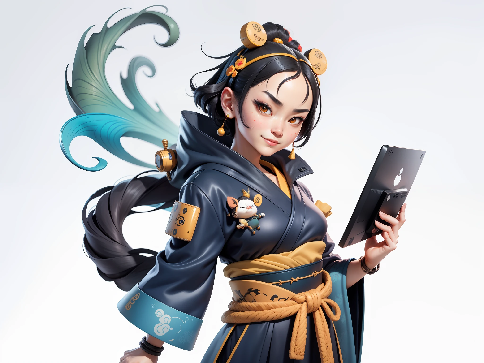 (Daisaku),(Need),(Super meticulous),(full bodyesbian:1.2),Japanese ukiyo-e girl,japanese geisha,Beautiful,Oriental dragon,Aeolian Thor,Raised sexy,爆乳,Oriental face,TV Anchor,Bust portrait illustration,Alone,In black suit,a blue tie,The face is slightly chubby,The face was clean,without a beard,Black super short hair,Black eyes,Smile confidently,3C computer sub-products,iPad, iphone,Digital painting,3D character design by Mark Clairen and Pixar and Hayao Miyazaki and Akira Toriyama,The illustration is a high-definition illustration in 4K resolution,With very detailed facial features and cartoon-style visuals。