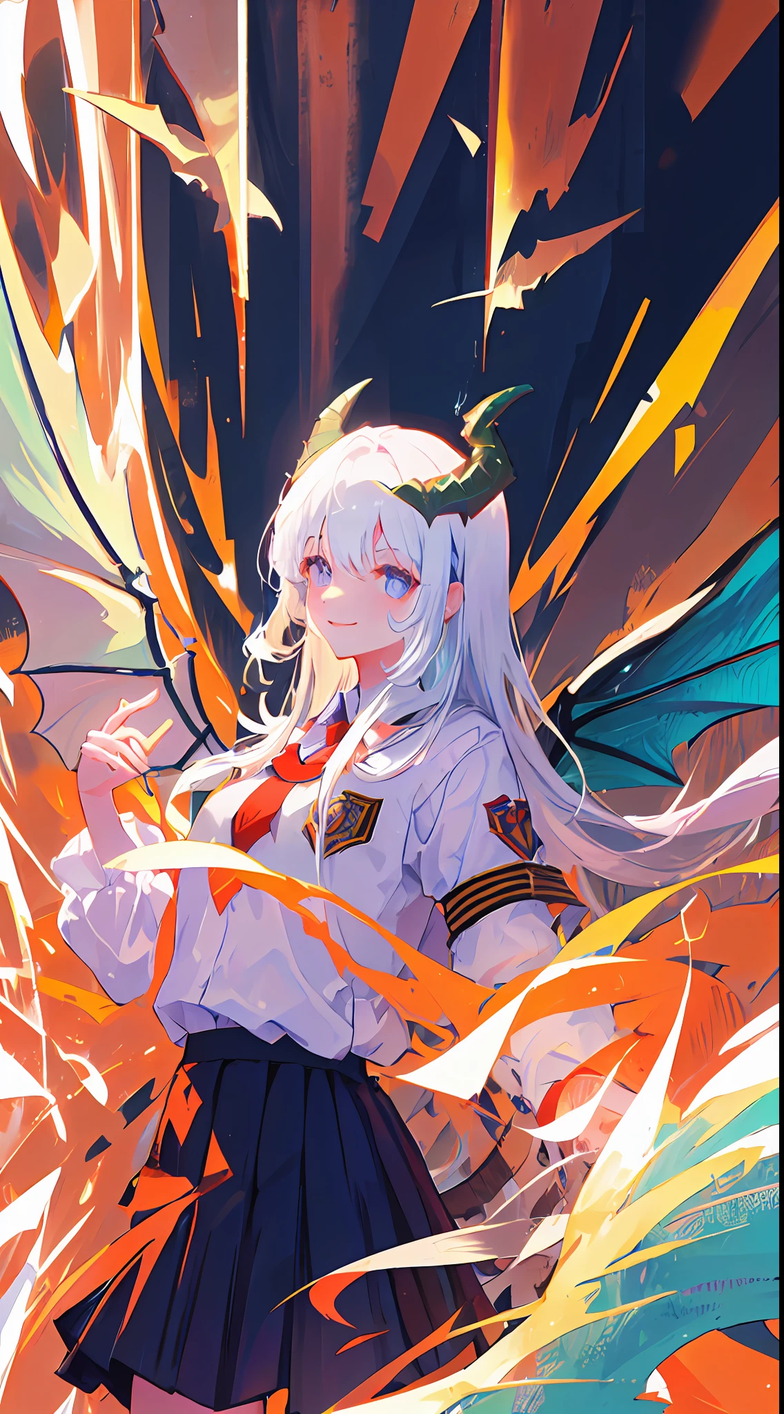 1menina、Dragoned、olhos vermelhos、Clear eye light、Student uniform、sorrisos、cabelos brancos、dragon wings、dragon horn、dragon's tail, 8k;