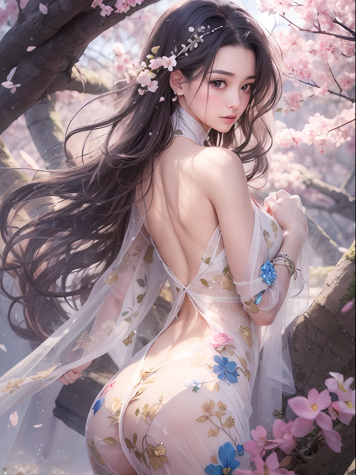 loose outfit、Show shoulders、How to wear a gown with a broken see-through halter neck、Decorated with intricate patterns and pastel colors、Transparent material that makes the skin shine、Artistic depiction of seductive woman in gown with wet thin cloth and transparent skin, Floral and fantastic pattern with flowing silky traditional see-through skin。Her dress draped elegantly around her curvaceous figure、Emphasizes her charming silhouette。She's a gentle fireworks night、Dynamic Posing、Sexy Posing、bathed in the soft glow of moonlight。The scene is、With a hint of mystery and sensuality、It exudes an ethereal dreamy atmosphere。The image style is、It incorporates a blend of watercolor and digital illustration techniques.、It makes you feel delicate beauty and charm。Soft moonlit lighting、Cast gentle highlights and shadows on her mesmerizing features。Dynamic Posing、Bold poses、The hand is somewhere、see -through、show through、A sexy、Wet hair、Wet、cherry trees、flower petals、cherryblossom、The cherry tree、Sakura blizzard、buried、Transparent skin、Wet clothes、Chest Pulling、Translucent clothes、Eau、nudde、