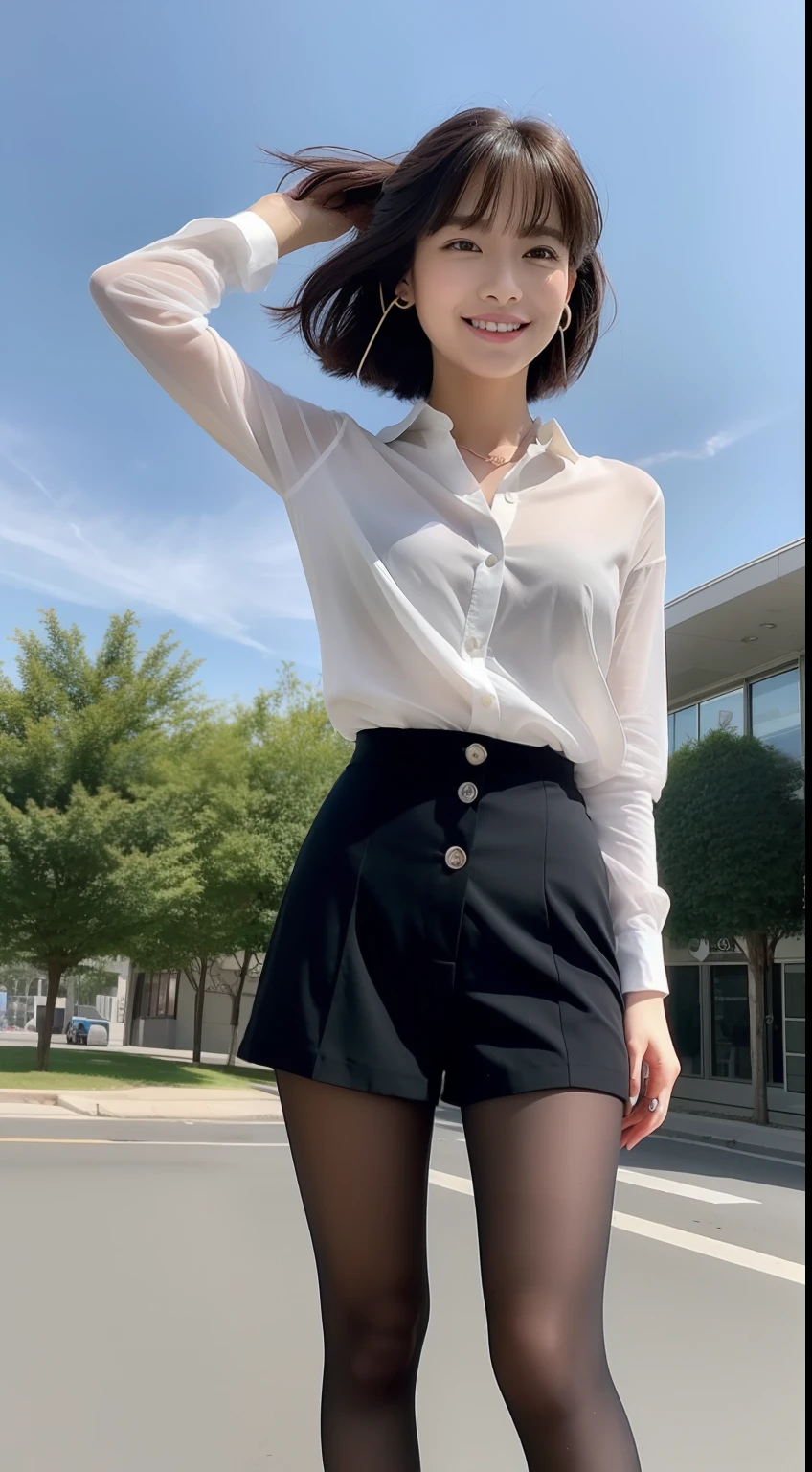 (8K、Top image quality、​masterpiece:1.2)、(realisitic、Photorealsitic:1.37)、The ultra-detailliert、独奏、1girl in、full body Esbian、outside of house、(adjusting hair:1.5)OL、Black Office Blazer、Office Skirt、(panthyhose:1.2)、(Sheer buttoned down shirt shorts:1.2)、Upcolor prim with buttons、Down color prim with buttons、bra very、(panthyhose:1.2)、Alpha Layer、high-heels、Cute earrings、Cute Solo Cute Detail Sky、(A smile:1.15)、(Keep your mouth shut)、small tits、beatiful detailed eyes、business clothes、(short-hair:1.2)、 Novafrog Style Floating Hair、cross one's legs、Black pantyhose:1.5、Black bra:0.9、