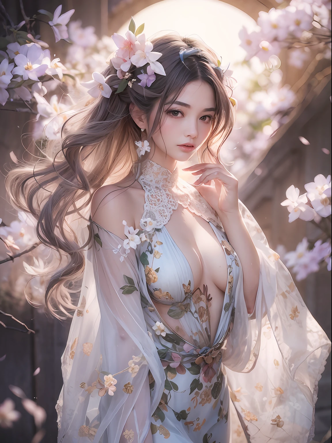 loose outfit、Show shoulders、How to wear a gown with a broken see-through halter neck、Decorated with intricate patterns and pastel colors、Transparent material that makes the skin shine、Artistic depiction of seductive woman in gown with wet thin cloth and transparent skin, Floral and fantastic pattern with flowing silky traditional see-through skin。Her dress draped elegantly around her curvaceous figure、Emphasizes her charming silhouette。She's a gentle fireworks night、Dynamic Posing、Sexy Posing、bathed in the soft glow of moonlight。The scene is、With a hint of mystery and sensuality、It exudes an ethereal dreamy atmosphere。The image style is、It incorporates a blend of watercolor and digital illustration techniques.、It makes you feel delicate beauty and charm。Soft moonlit lighting、Cast gentle highlights and shadows on her mesmerizing features。Dynamic Posing、Bold poses、The hand is somewhere、see -through、show through、A sexy、Wet hair、Wet、cherry trees、flower petals、cherryblossom、The cherry tree、Sakura blizzard、buried、Transparent skin、Wet clothes、Chest Pulling、Translucent clothes、Eau、nudde、
