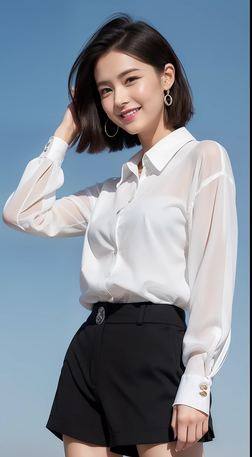 (8K、Top image quality、masterpiece:1.2)、(realisitic、Photorealsitic:1.37)、The ultra-detailliert、独奏、1girl in、full body Esbian、outside of house、(adjusting hair:1.5)OL、Black Office Blazer、Office Skirt、(panthyhose:1.2)、(Sheer buttoned down shirt shorts:1.2)、Upcolor prim with buttons、Down color prim with buttons、bra very、(panthyhose:1.2)、Alpha Layer、high-heels、Cute earrings、Cute Solo Cute Detail Sky、(A smile:1.15)、(Keep your mouth shut)、small tits、beatiful detailed eyes、business clothes、(short-hair:1.2)、 Novafrog Style Floating Hair、cross one's legs、Black pantyhose:1.5、Black bra:0.9、