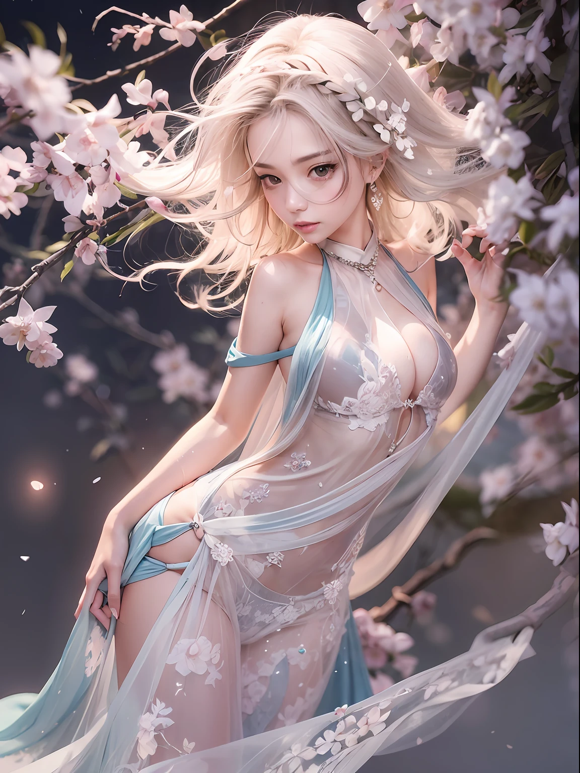loose outfit、Show shoulders、How to wear a gown with a broken see-through halter neck、Decorated with intricate patterns and pastel colors、Transparent material that makes the skin shine、Artistic depiction of seductive woman in gown with wet thin cloth and transparent skin, Floral and fantastic pattern with flowing silky traditional see-through skin。Her dress draped elegantly around her curvaceous figure、Emphasizes her charming silhouette。She's a gentle fireworks night、Dynamic Posing、Sexy Posing、bathed in the soft glow of moonlight。The scene is、With a hint of mystery and sensuality、It exudes an ethereal dreamy atmosphere。The image style is、Incorporates a blend of watercolor and digital illustration techniques.、It makes you feel delicate beauty and charm。Soft moonlit lighting、Cast gentle highlights and shadows on her mesmerizing features。Dynamic Posing、Bold poses、The hand is somewhere、see -through、show through、A sexy、Wet hair、Wet、cherry trees、flower petals、cherryblossom、The cherry tree、Sakura blizzard、buried、Transparent skin、Wet clothes、Chest Pulling、Translucent clothes、Eau、nudde、
