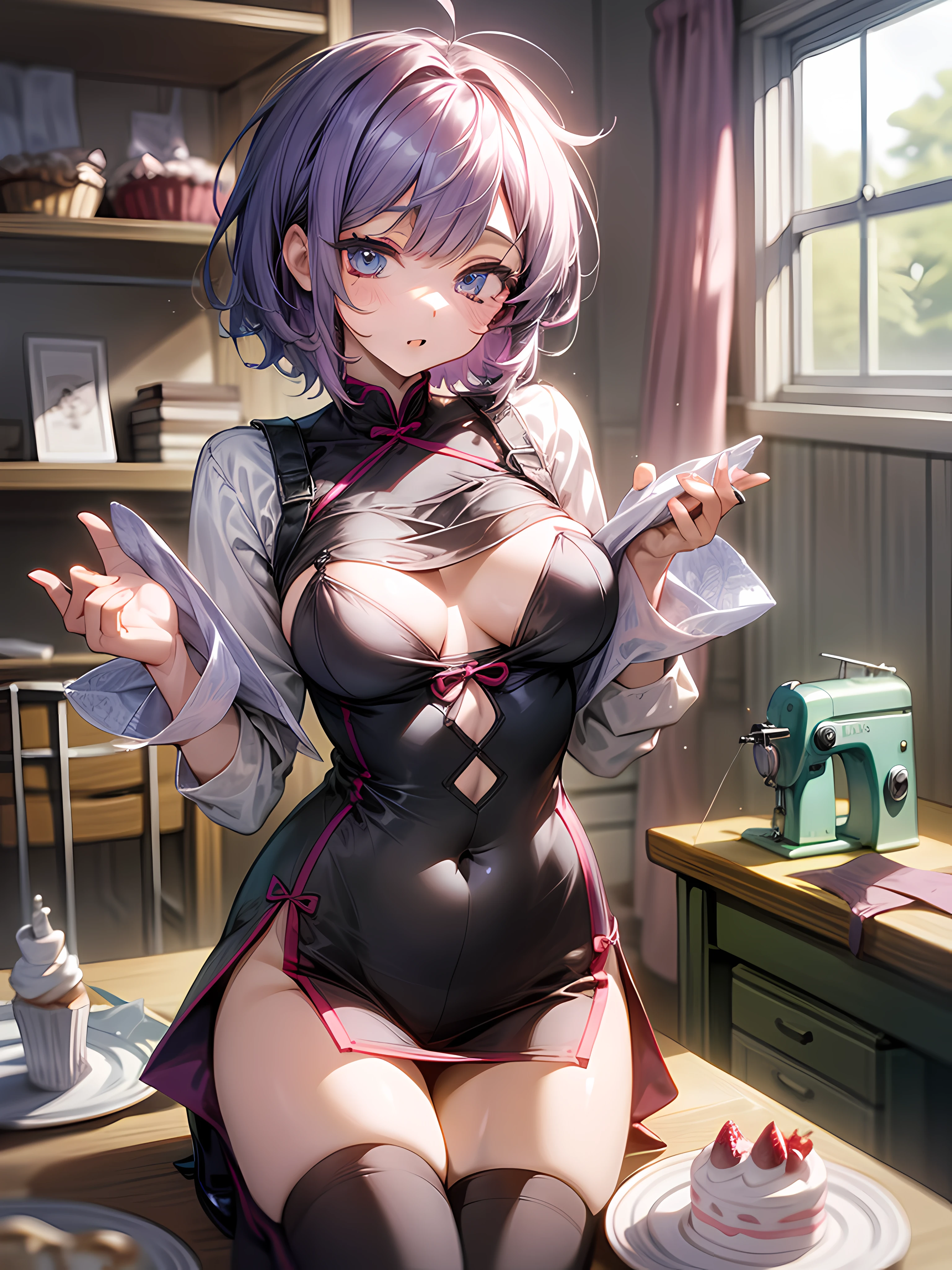 1 girl, Messy_Meni cake_Background, Violet_short_Hair, 👠,mediating_breast enhancement, ((Fantastic)), Cute,  Fantastic_In a room,Niji style ,flower, Bibo Zi Eye,sewing machine,The clothes ar,croped,wardrobe,desks