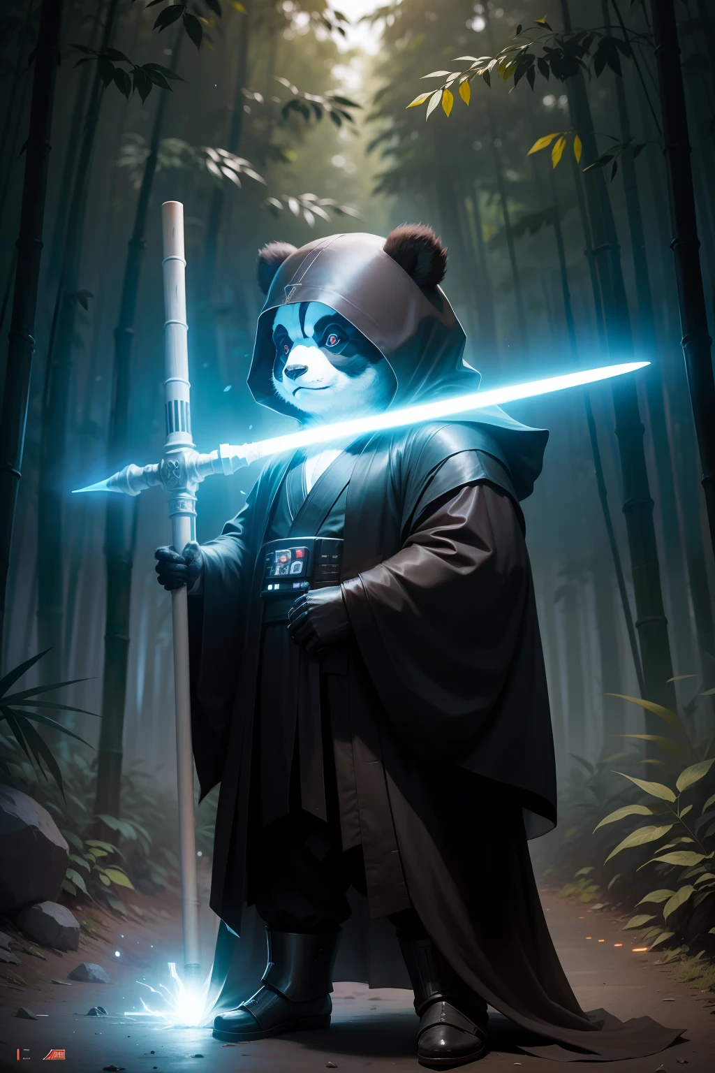 A Panda dressed as a sith lord from star wars emitting a forcefield around him. wields a greataxe version of a lightsabre. Is chilling out in front of a bamboo forest. has an evil look in his eye.