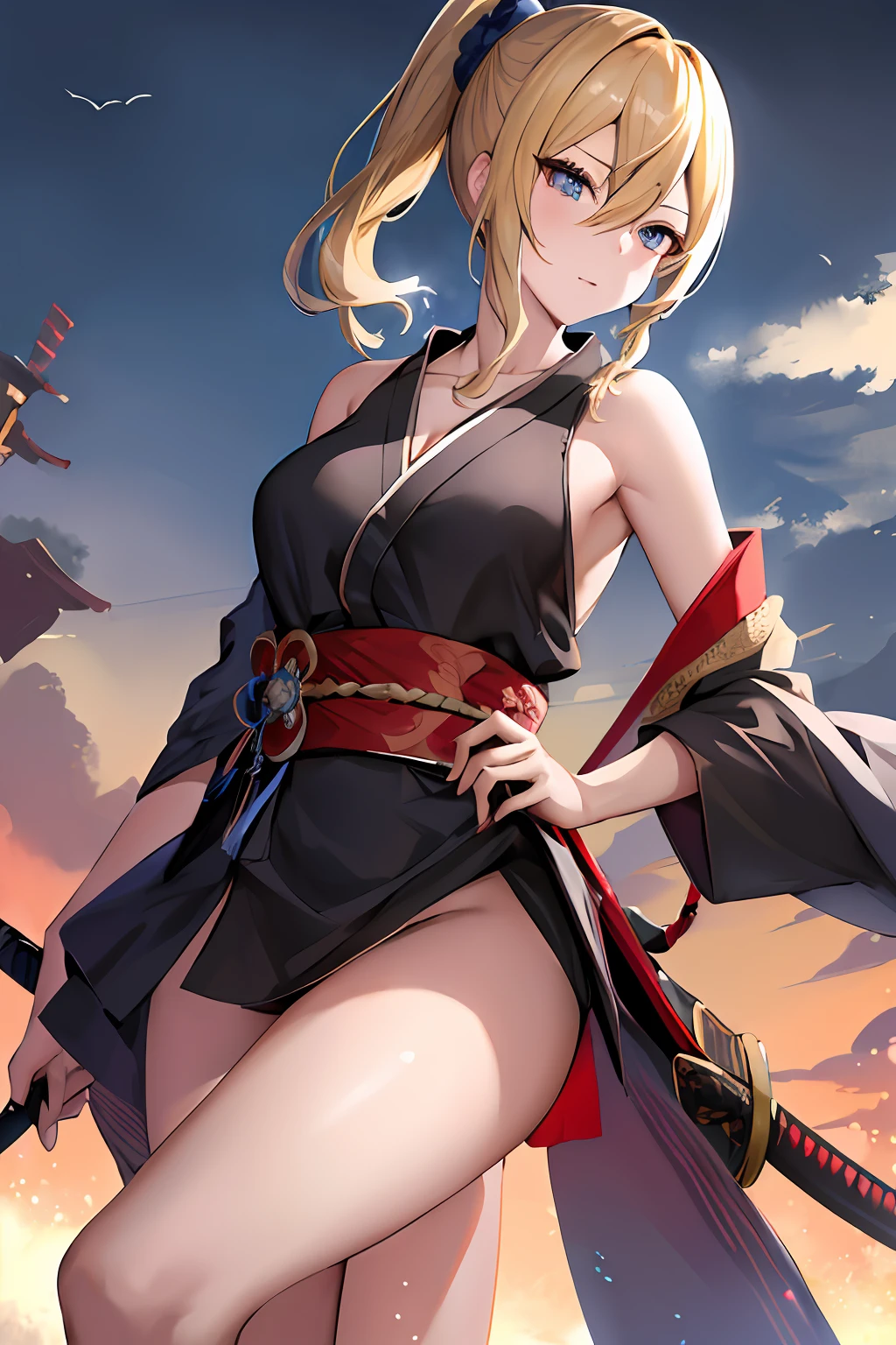 masterpeace, best quality, highres, 1girl, solo, hayasaka ai, blue scrunchie, side ponytail, hair between eyes, blue eyes, blonde hair, hair ornament, breasts,kimono,samurai cloths,holding Katana, necklace, collarbone, black dress, jewelry, sweater, cowboy shot, standing,
