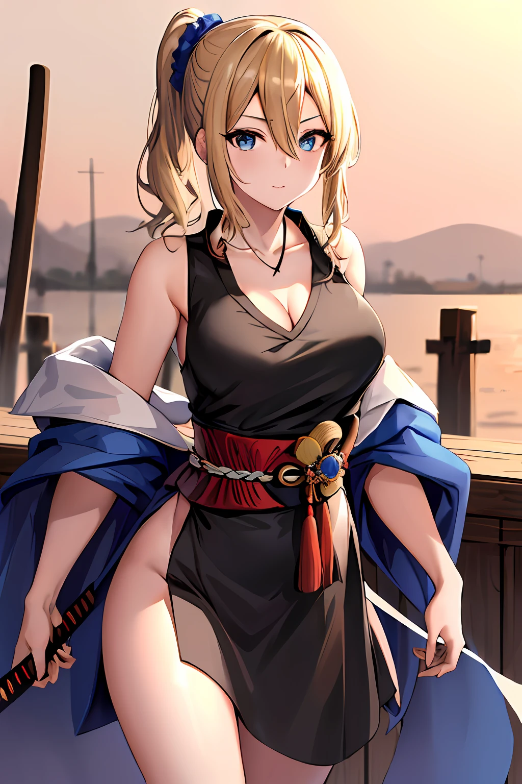 masterpeace, best quality, highres, 1girl, solo, hayasaka ai, blue scrunchie, side ponytail, hair between eyes, blue eyes, blonde hair, hair ornament, breasts,kimono,samurai cloths,holding Katana, necklace, collarbone, black dress, jewelry, sweater, cowboy shot, standing,