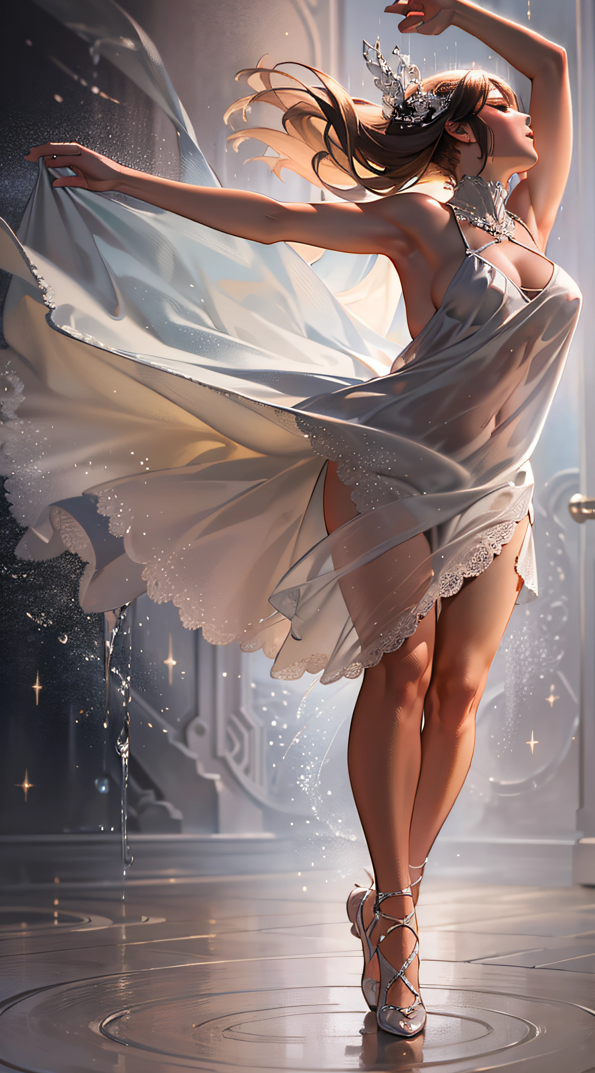 (magnifique danseuse),(Elegance and grace),light rain, mouvement fluide, nue, lightness, Romantic scene