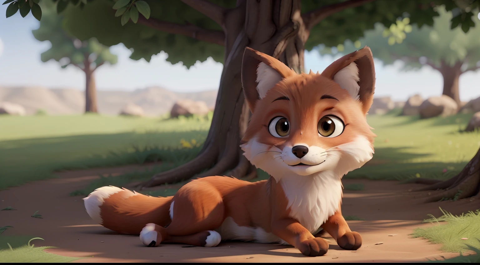 "young fox lying in the shade of a tree" ((Best quality)), ((masterpiece)), (detailed: 1.4), 3D.