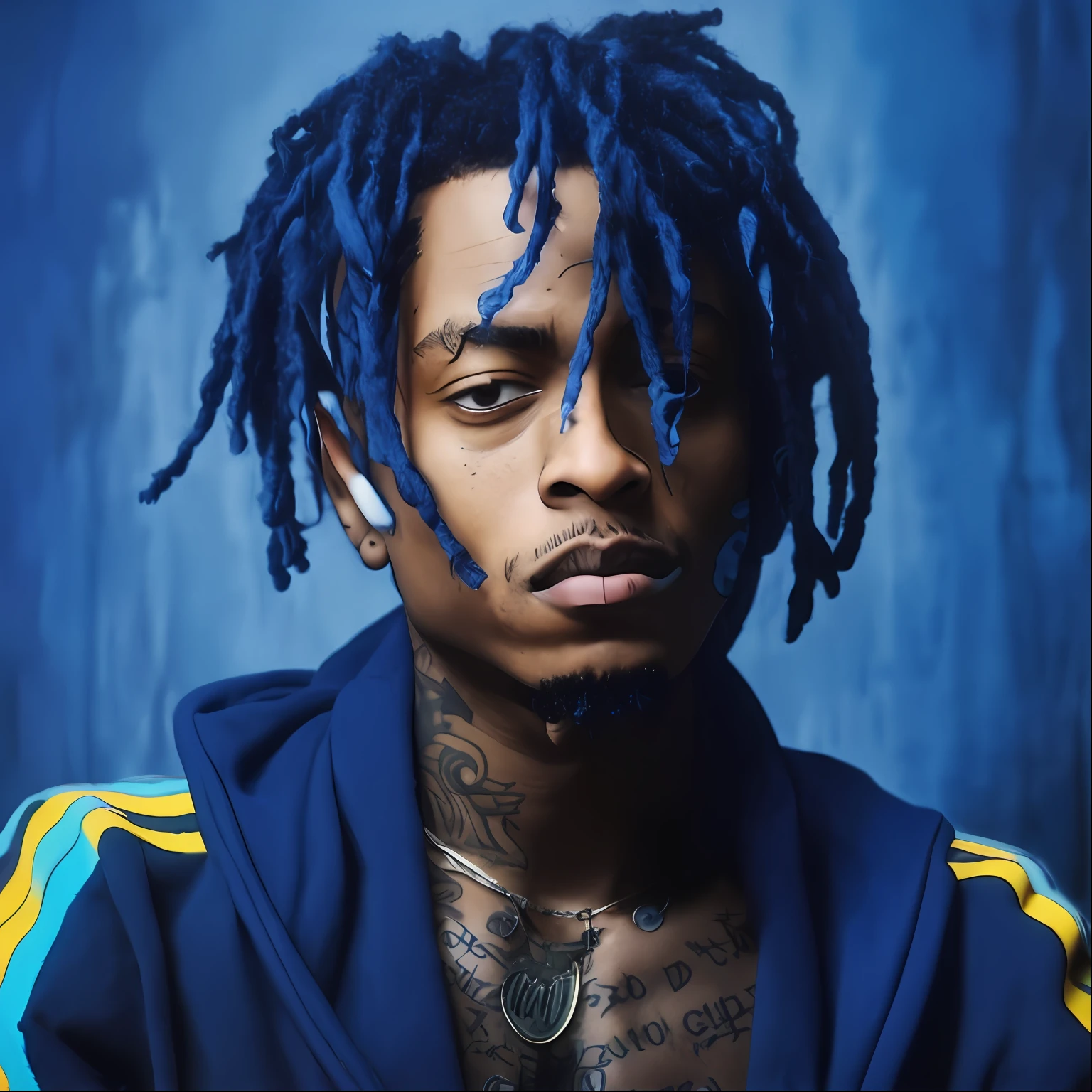 arafed man with blue dreads and a black hoodie, xxxtentacion, trippie redd, playboi carti, playboi carti portrait, wiz khalifa, syd, lil uzi vert, blue dreadlocks, taken in the early 2020s, jean michel basquiat, tyler, jean - michel basquiat, dark blue skin