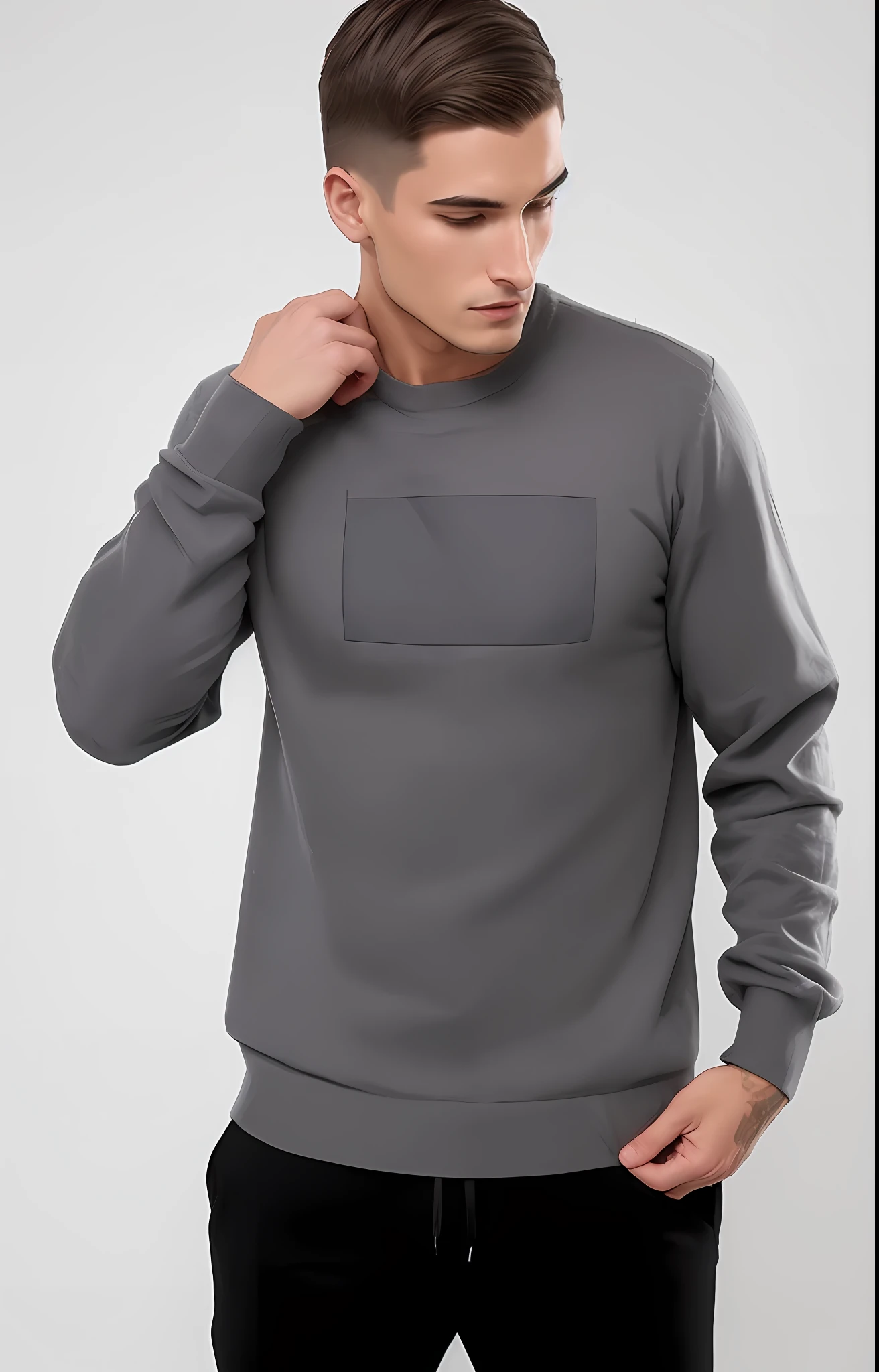 A man in a gray nightgown and black pants standing, camisola cinzenta, vestindo moletom, capuz cinza, capuz cinza, vestindo um moletom cinza com capuz, Manga comprida, roupas cinzas, wearing a dark sweater, sweater, wearing casual sweater, cinza escuro, camisa cinza, em cinza gunmetal, Mangas compridas, roupas casuais, capuz, Studio dark grey background, gola alta