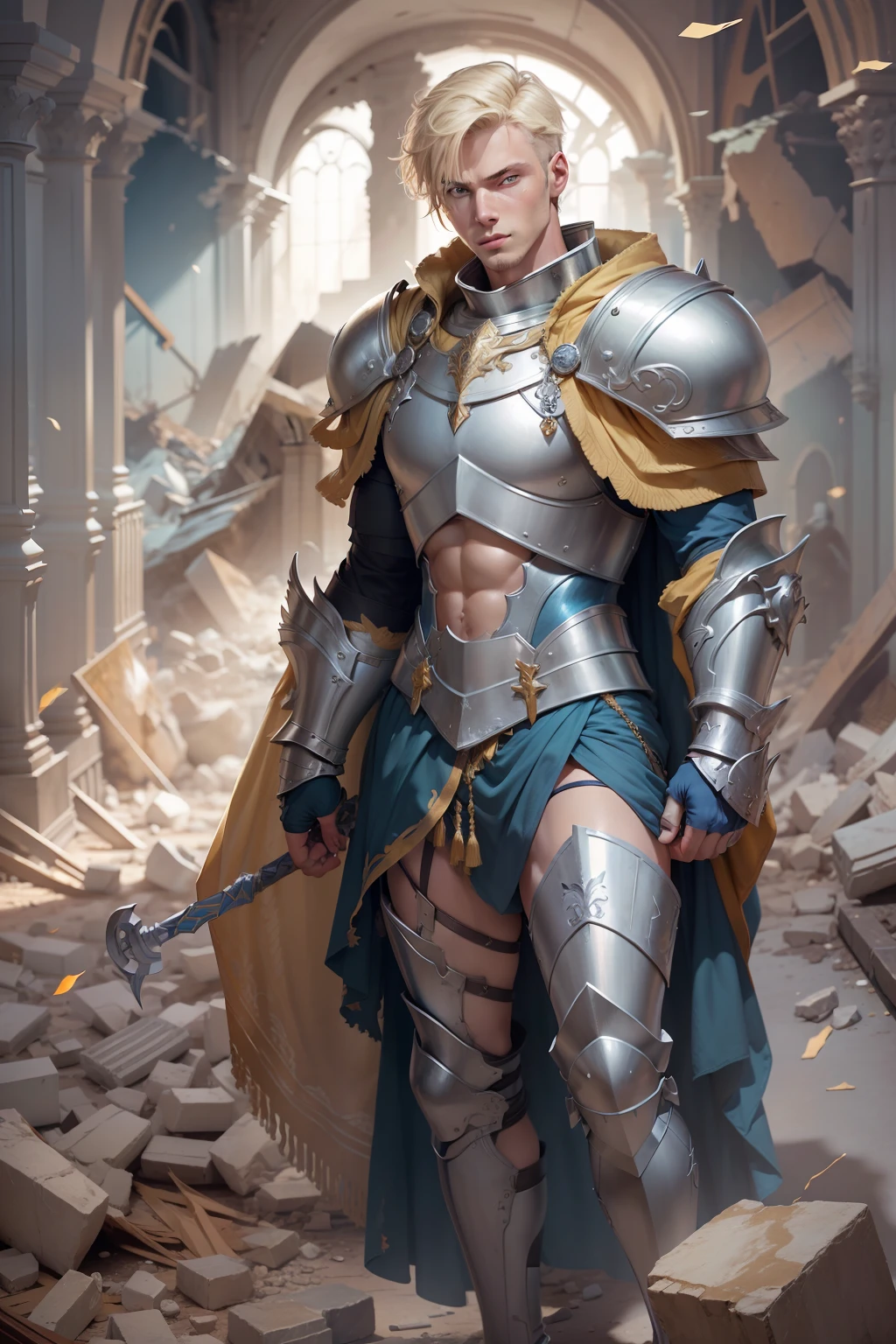 realistic image of a blond male with short hair, 30s, tall, strong, extremely detailed blue eyes, with a confident expression, dressed in silver Rpg warrior armor torso, golden broken shoulder pads, standing, with injuries on his face , in a hall of a destroyed royal palace filled with rubble