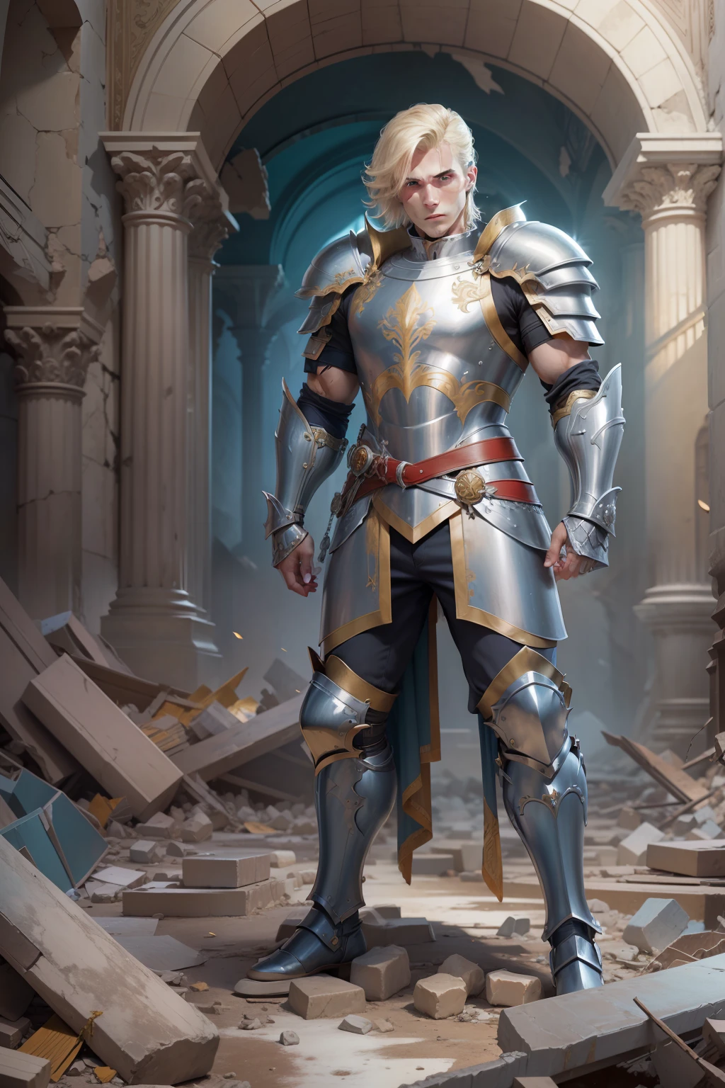realistic image of a blond male with short hair, 30s, tall, strong, extremely detailed blue eyes, with a confident expression, dressed in silver Rpg warrior armor torso, golden broken shoulder pads, standing, with injuries on his face , in a hall of a destroyed royal palace filled with rubble