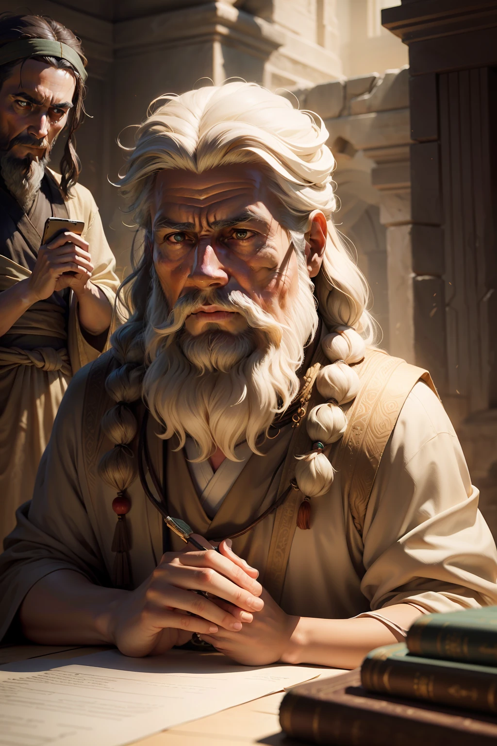 CREATE A REALISTIC IMAGE OF AN ANCIENT MASTER PHILOSOPHER ALONGSIDE AN APPRENTICE