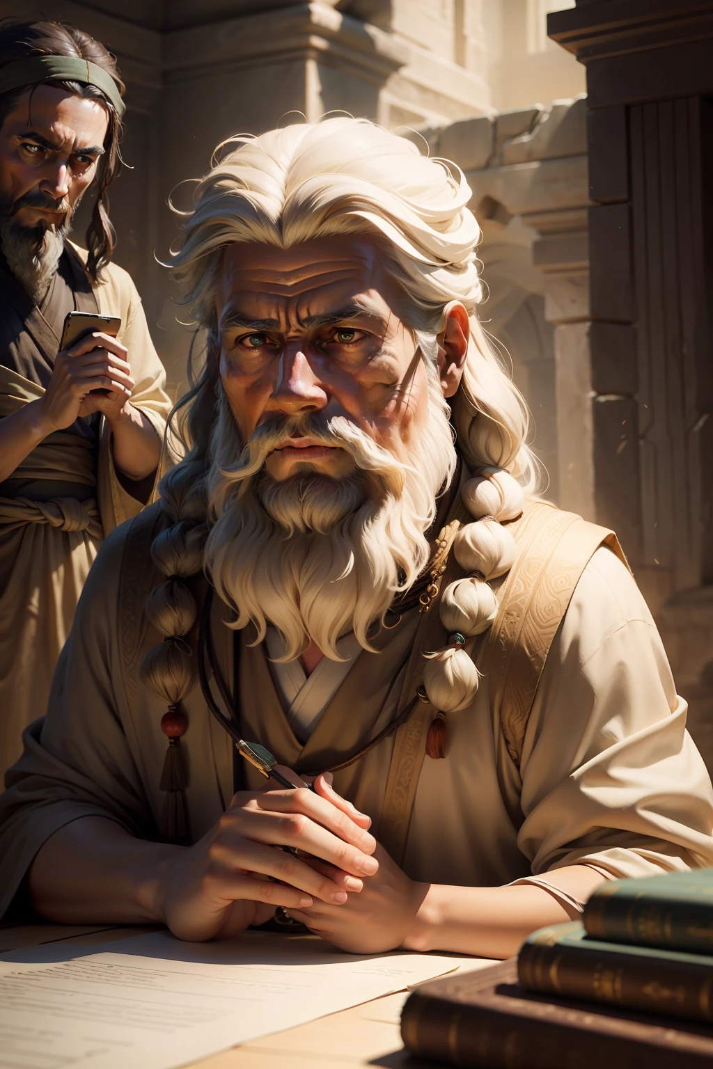 CREATE A REALISTIC IMAGE OF AN ANCIENT MASTER PHILOSOPHER ALONGSIDE AN APPRENTICE