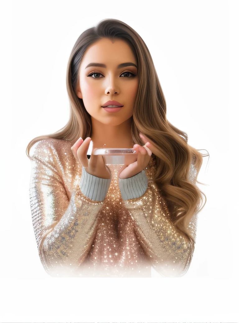 Araffe woman blowing a kiss with her hands while holding a small object, Pokimane, Lentejuelas, brillar, Mujer linda, photo of a hand jewellery model, Gif Glitter, Cute little girl, blanco bg, comer, Glittery, Sosteniendo oro, con un vestido brillante, oro, girlish, Alexandra Waliszewska, unique design