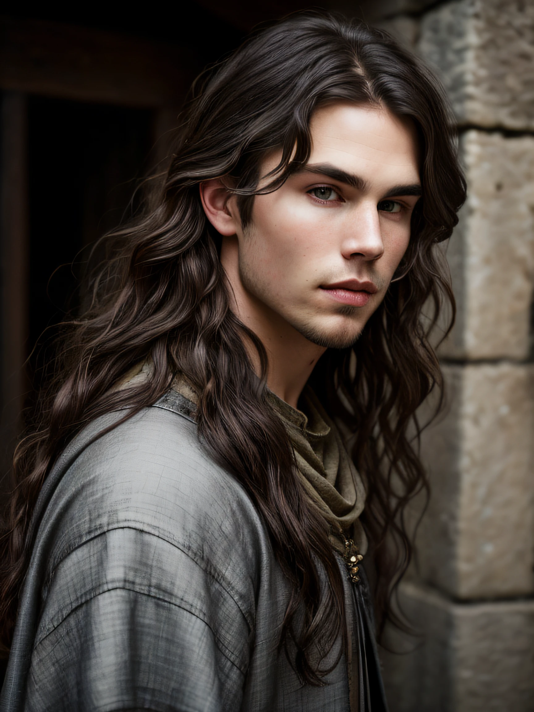 A (portrait photography: 1.2) close up portrait of a mix between Austin Butler and Ian Somerhalder as a charming 26 years old medieval fantasy male, pale skin, very long wavy shabby black hair parted in the middle, incredible grey eyes, long arched eyebrows, beard, fantasy clothes, intense look, fascinating, slim and athletic, young, in a big medieval fantasy city, overcast, cinematic lighting, Canon EOS 5D Mark IV