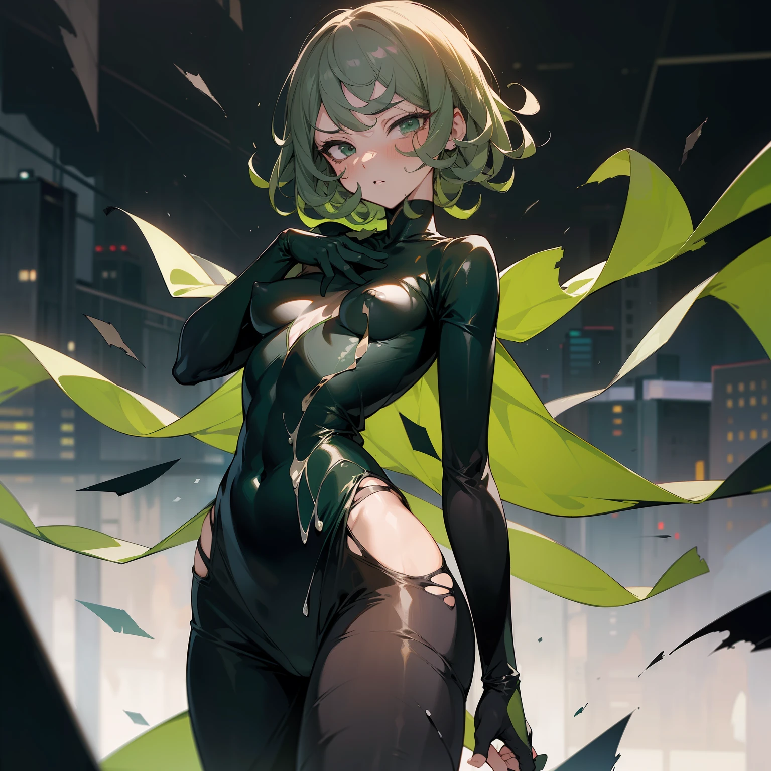 tatsumaki, onepunchman, tight clothes, skinny, (((small breasts))), blush, masterpiece, detailed face, floating in the air against the background of the city, torn clothes, a black dress of medium length, (((full length frame))), green hair, HD hentai, nsfw, breasts exposed, cum, sexy